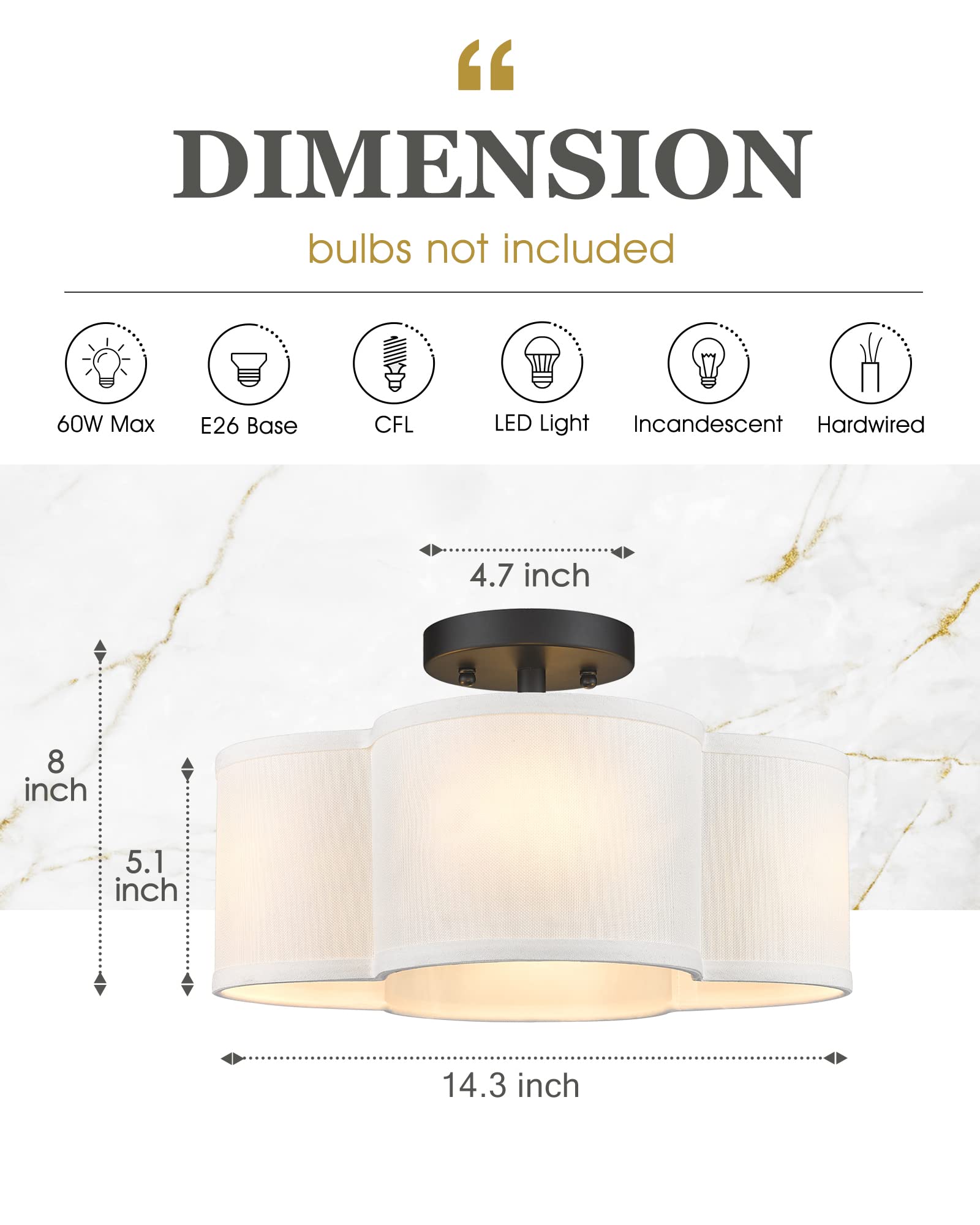 Audickic Black Semi Flush Mount Ceiling Light, 13" Fabric Shade, Quatrefoil Design, Metal, Model AD-22007-4SF-BK