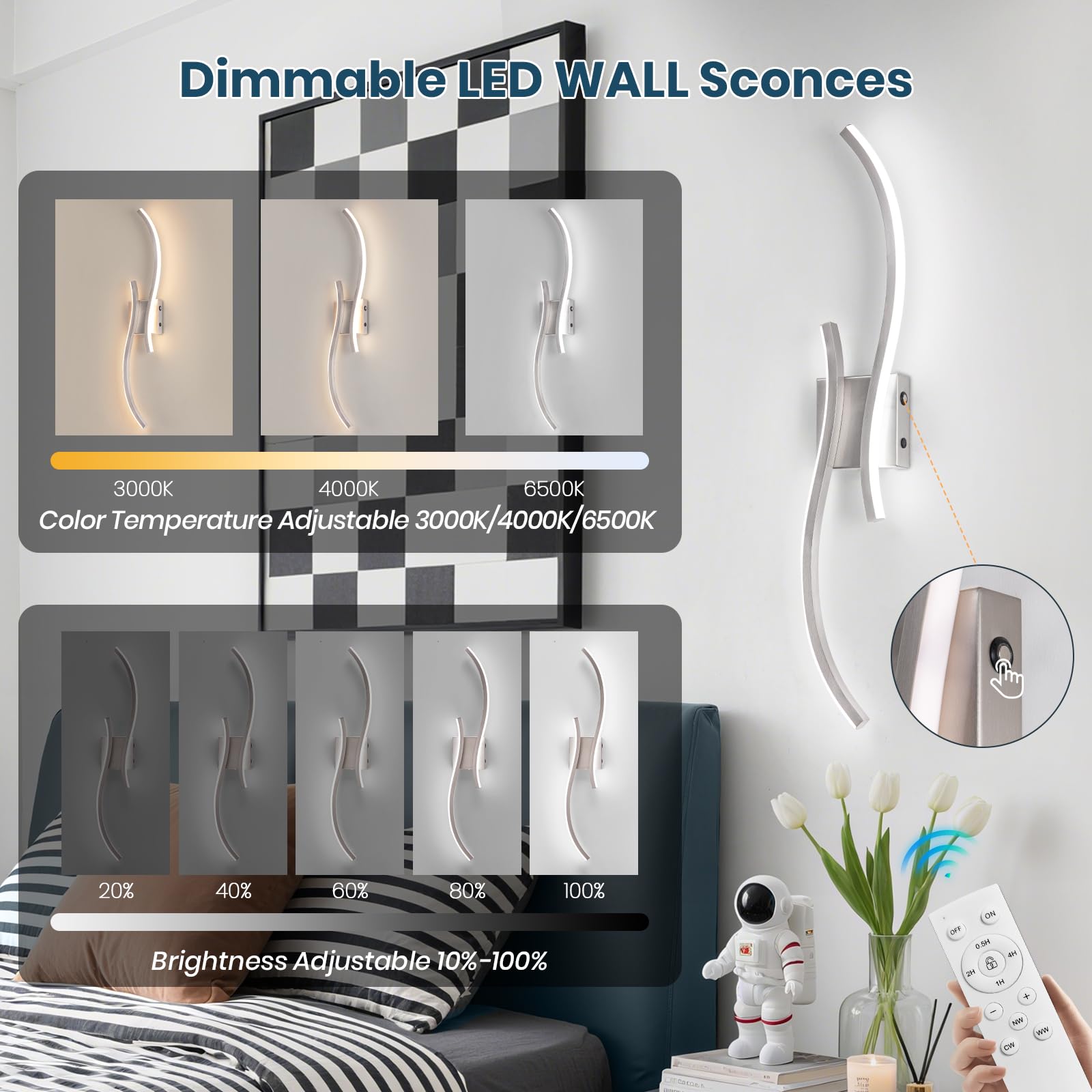 CANEOE Battery Operated Wall Sconces Set of 2, 31.5" Rechargeable LED Lights, Dimmable, Brushed Nickel, Remote Control