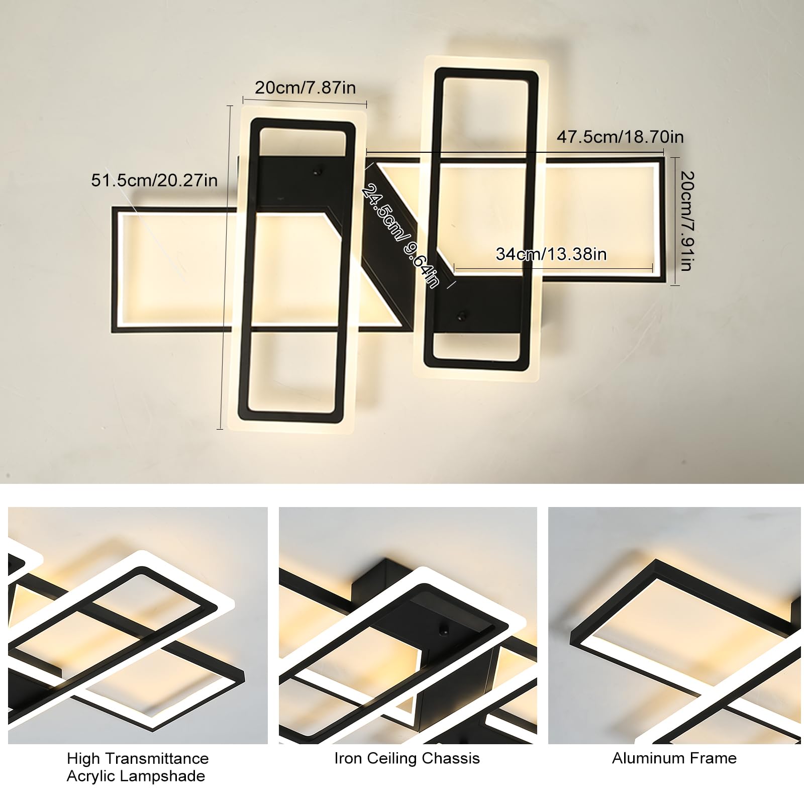 Jaycomey Modern Led Ceiling Light Black Flush Mount Ceiling Lights 80W Dimmable Led Chandelier With Remote Kitchen Light Fixture