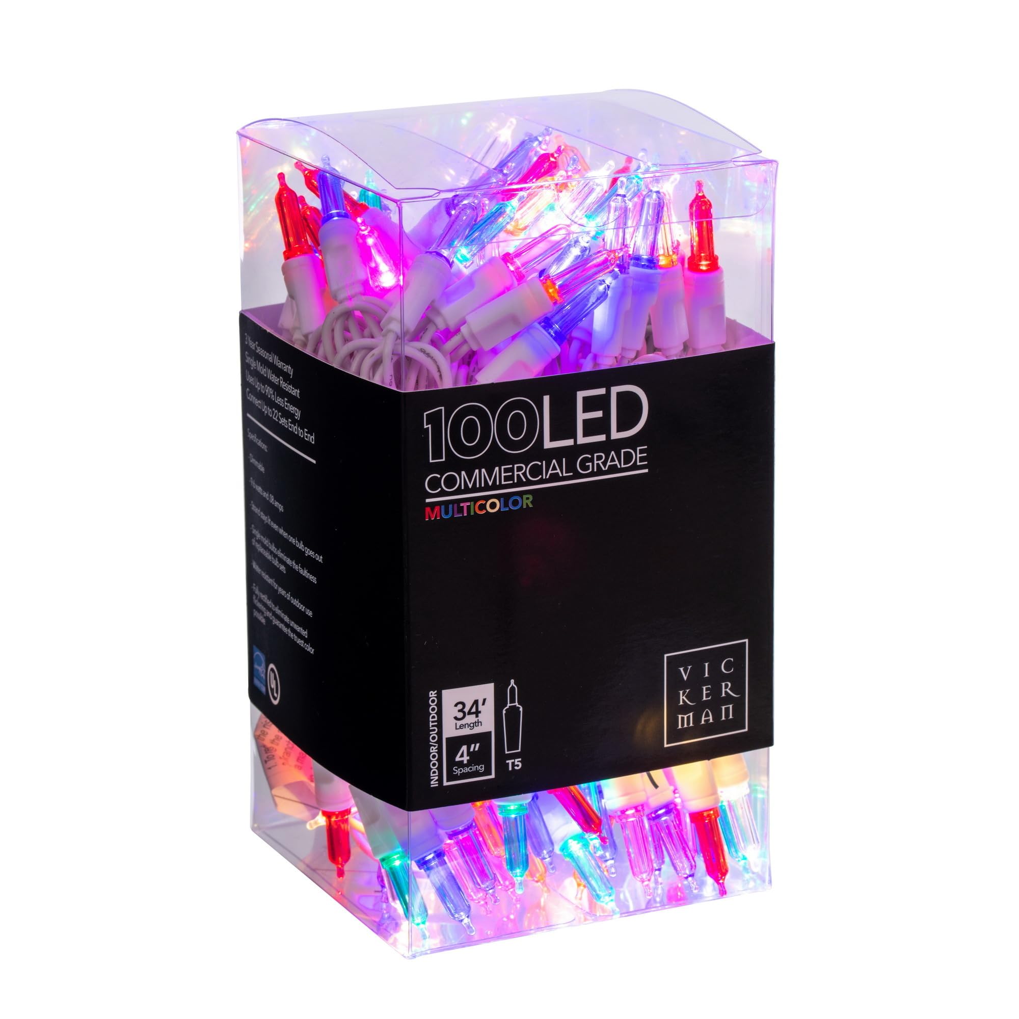 Vickerman 100 Light Italian LED Light Set, Multi-Colored, White Wire, Model X4W7100, Plastic