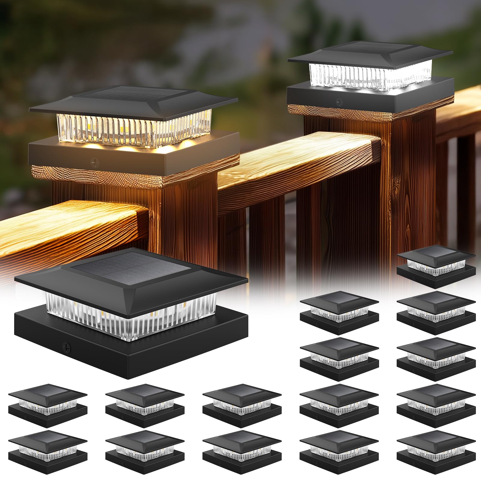 4x4 Solar Post Cap Lights 16 Pack  Fence Post Solar Lights with Warm White/Cool White  Only Fit 4x4 Wood/Vinyl Posts  Waterproof Outdoor Deck Post Light for Deck  Fence  Porch(Black)