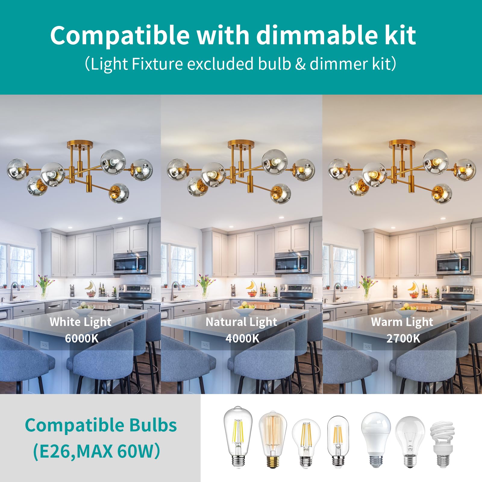 DDLLDESHI 6-Light Gold Chandelier - Modern Sputnik Ceiling Light Fixture, 34" Smoke Bubble Design for Dining Room and Living Room Decor