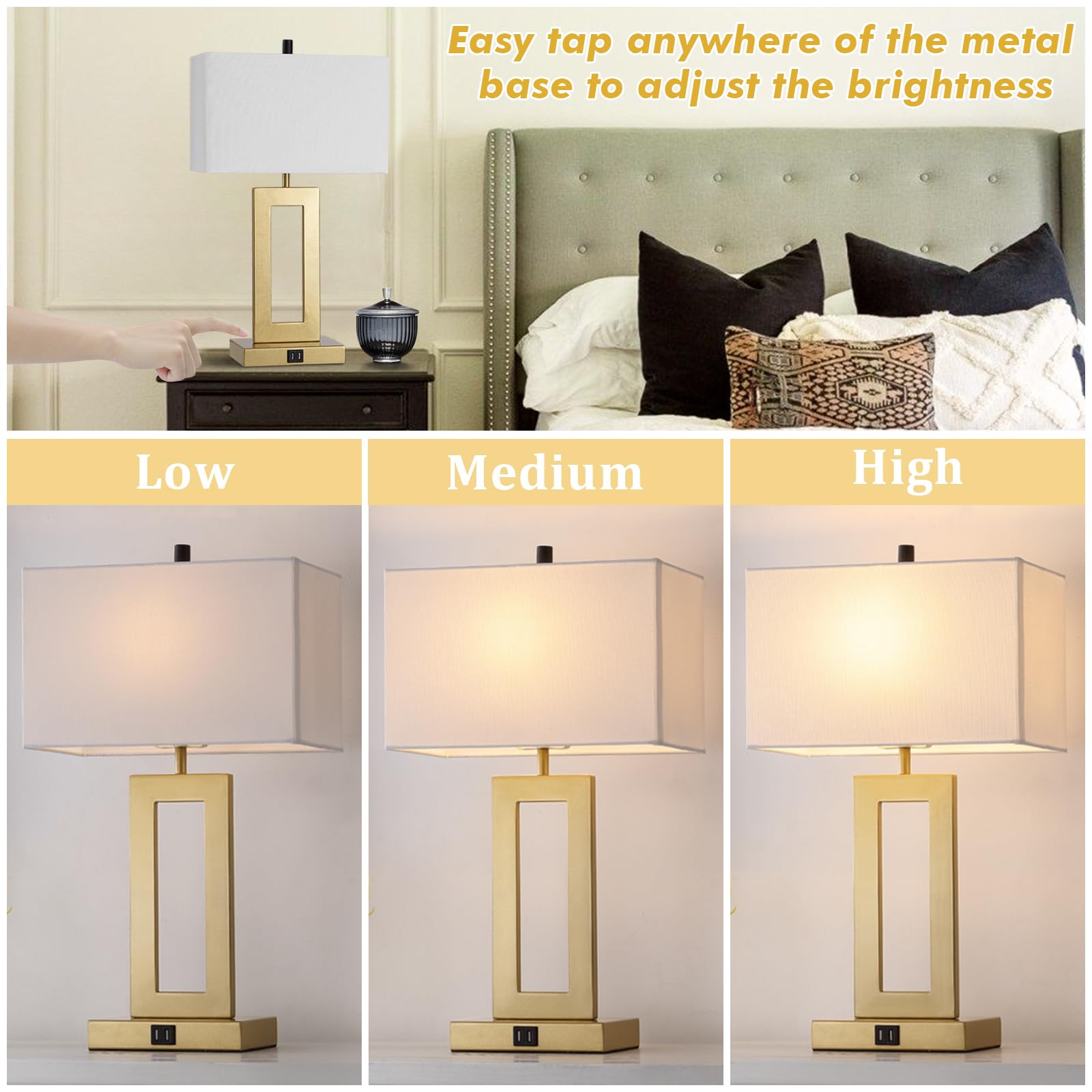 Gernehop Gold Table Lamps Set Of 2 With Dual Usb Ports,3-Way Dimmable Touch Control Bedside Lamps,22Inch Tall Modern Bedroom Tab