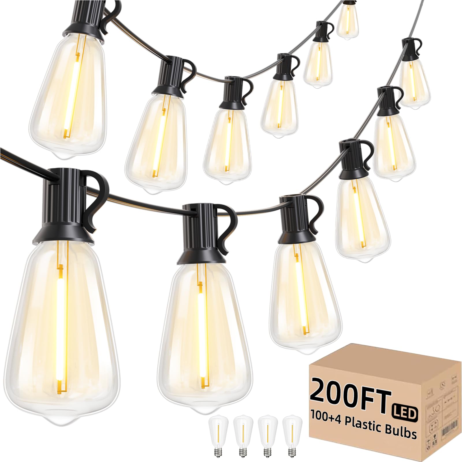 Svater Outdoor String Lights 200 FT, Commercial Vintage Patio Lights with 100+4 1W Shatterproof Plastic Led Bulbs, Connectable D