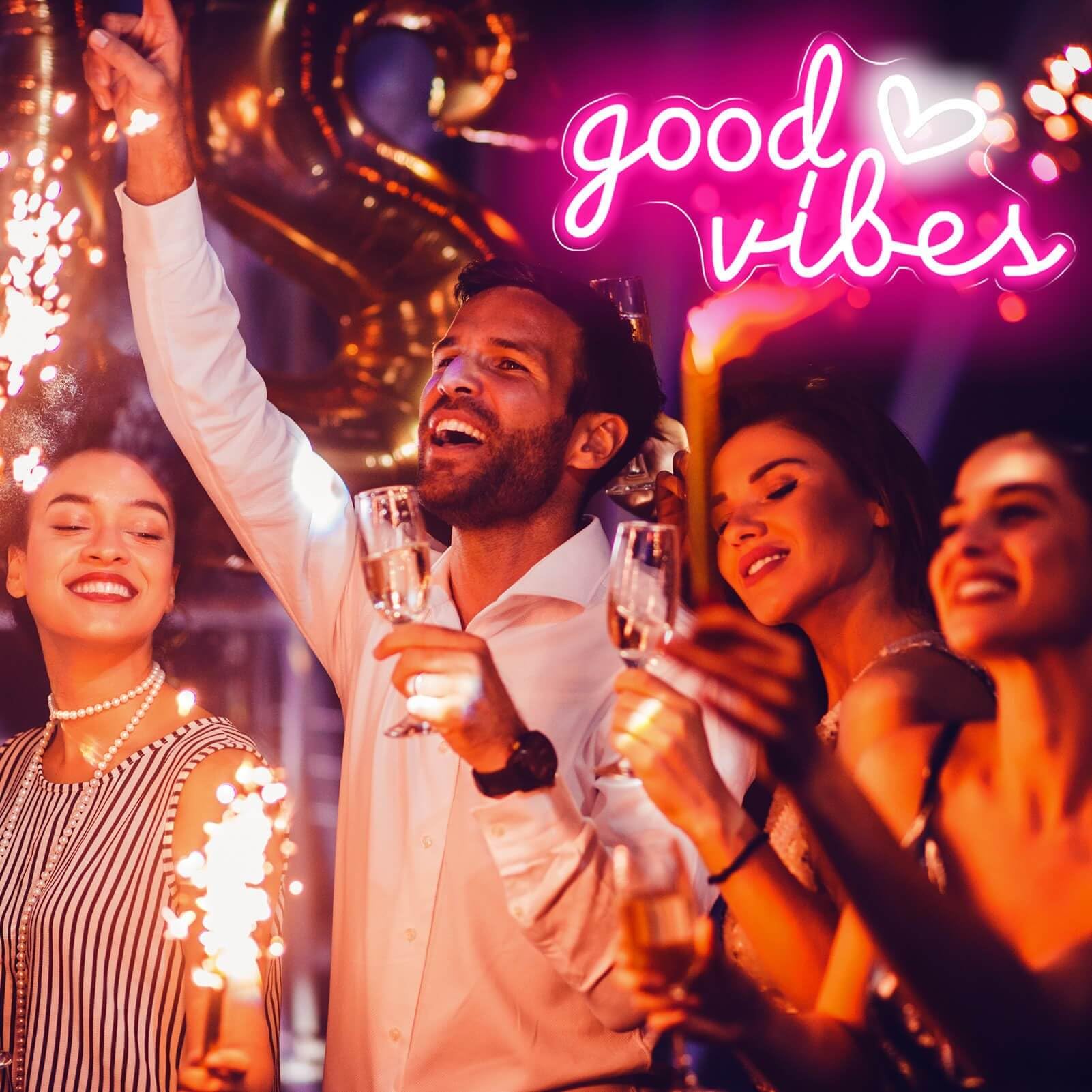 HOHOSIGN Good Vibes Neon Sign - 16"x8" Pink LED Wall Decor, USB Operated Acrylic Heart Lighting for Bedroom
