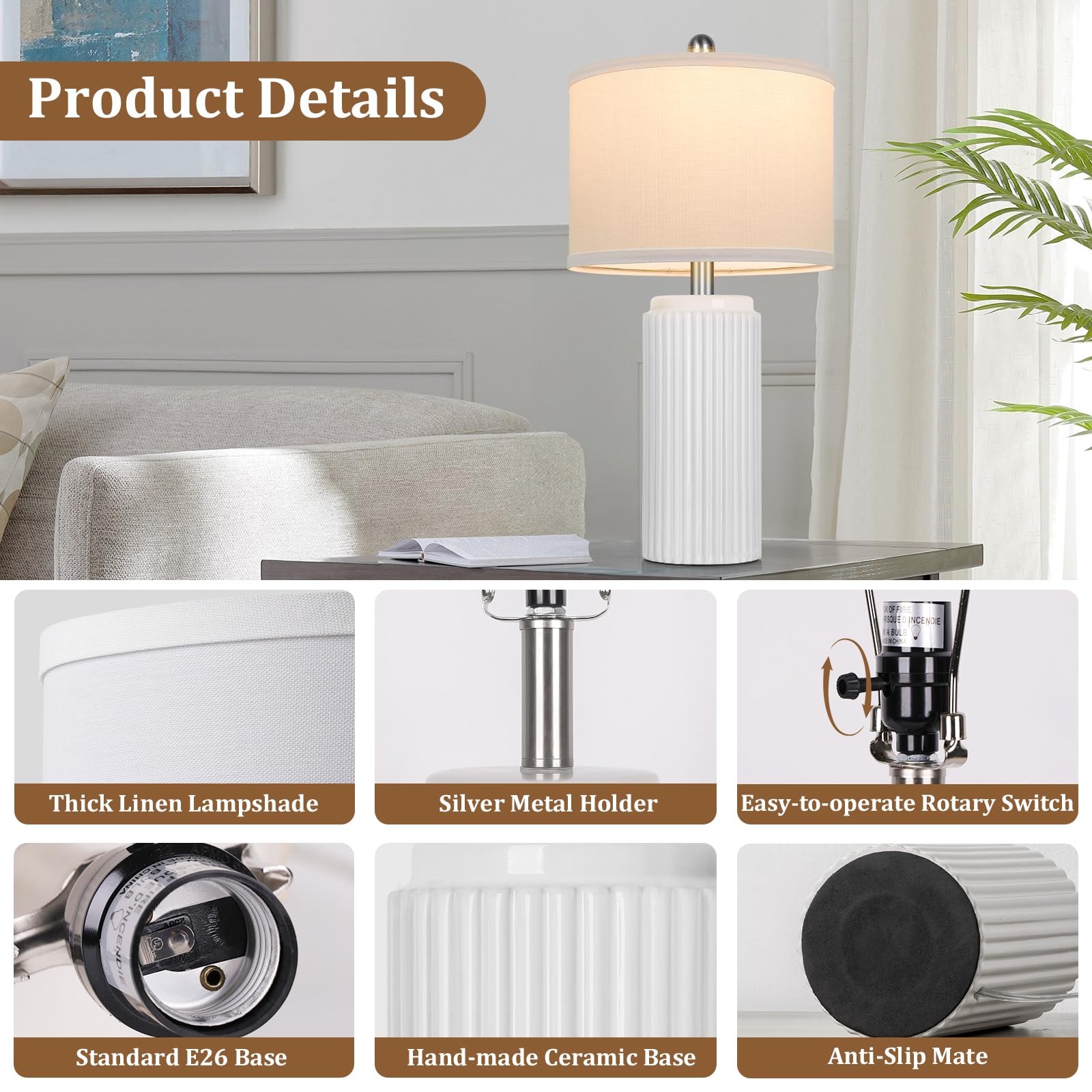 Tobusa 23.5 Modern White Ceramic Lamps Set Of 2, Living Room Retro Side Table Lamps, Farmhouse Bedside Nightstand White Lamps Fo