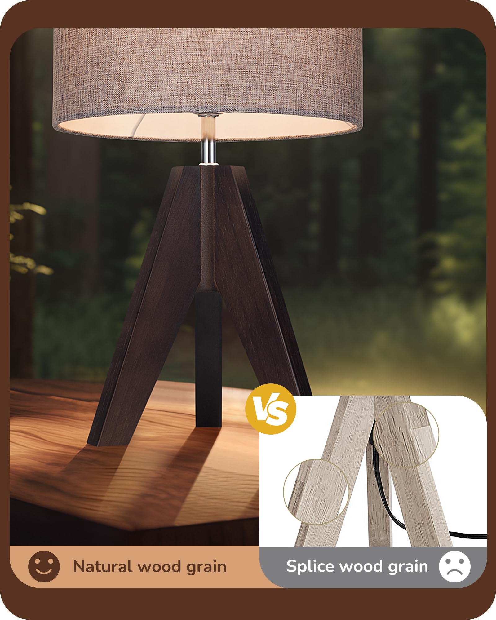 Edishine Boho Small Table Lamp, Walnut Color Wooden Tripod Bedside Lamp, Farmhouse Nightstand Lamp For Nursery, Bedroom, Office,