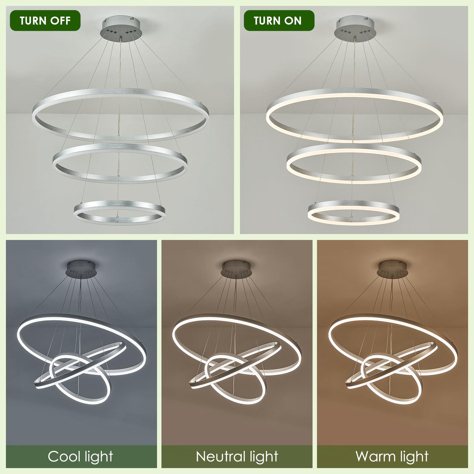 Benkut LED Chandelier Pendant Light, Dimmable, 3 Ring, Silver, Remote Control, High Ceiling, Model P60-3SDC1