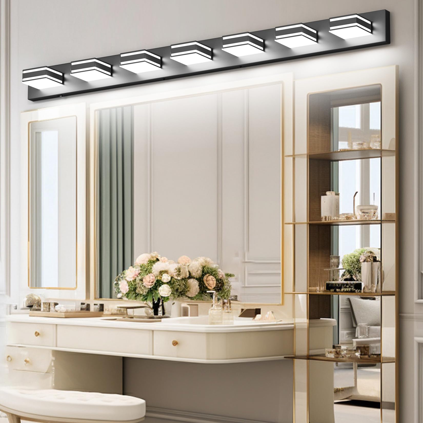 Ralbay 55Inch Black Vanity Light 5 Color Temperatures (3000K-6000K) Dimmable Metal Acrylic Led Modern Matte Black Bathroom Wall Lighting For Mirror (7-Light)