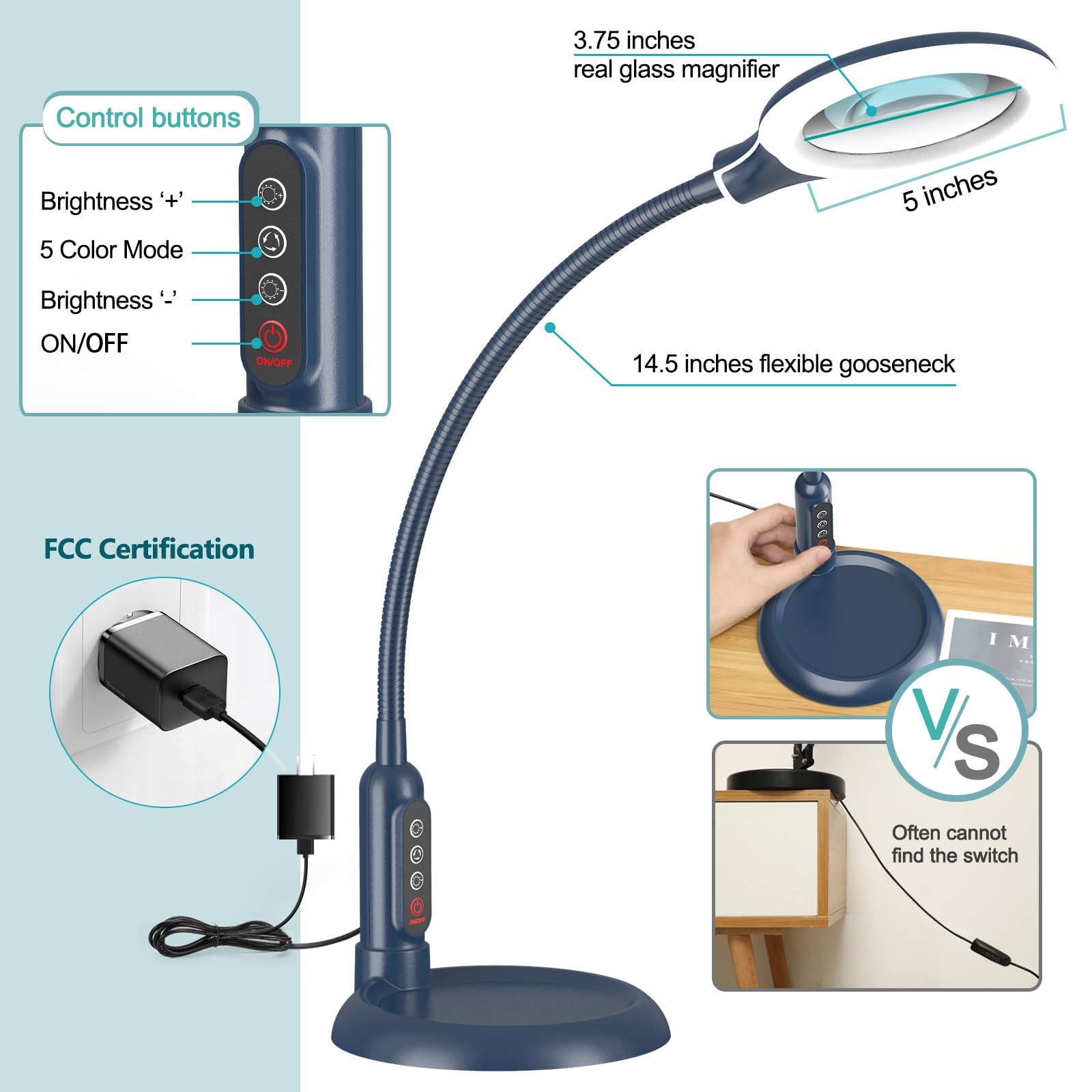 TOMSOO 10X Magnifying Glass with Light, Flexible Gooseneck LED Lamp, Blue, Model LBKB41HTM