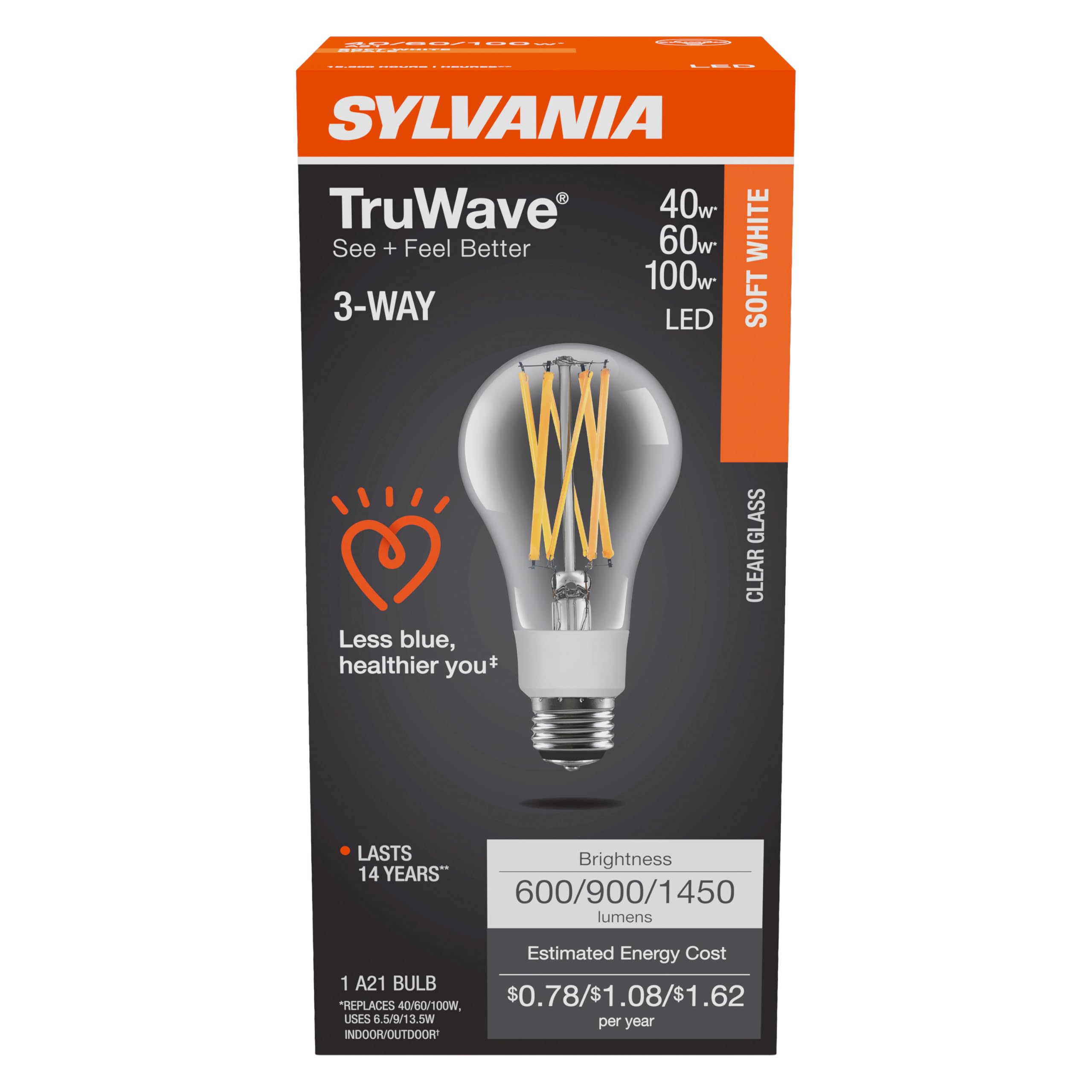 LEDVANCE SYLVANIA TruWave A21 3-Way LED Light Bulb, 40/60/100W Equivalent, Soft White, 1 Pack, Model 40769, Clear