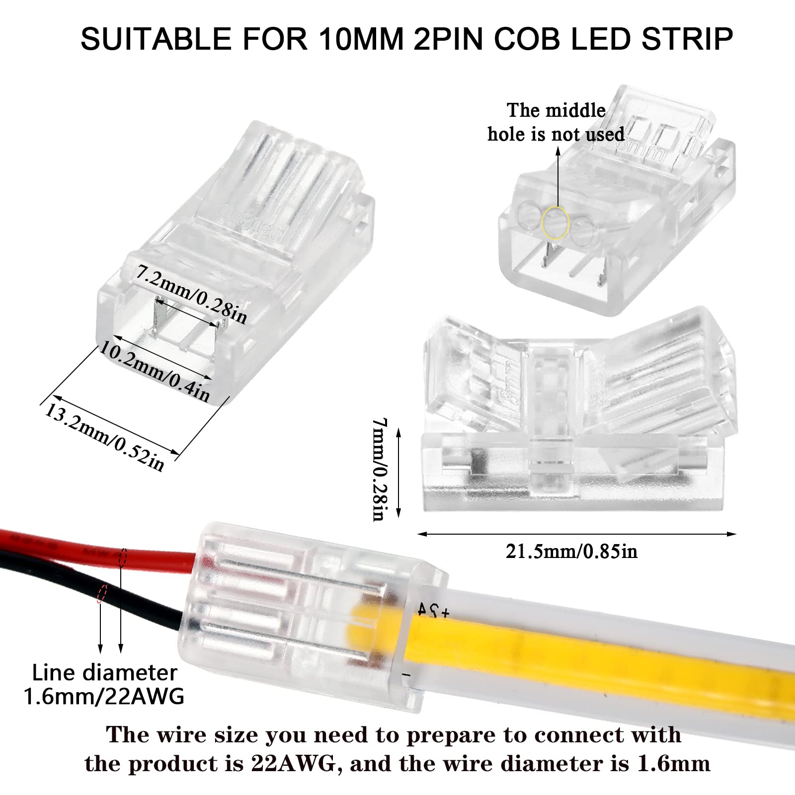 Cob Led Strip To Wire Connector 20 Pieces Waterproof Led Adapter Connectors Transparent Solderless Led Light Strip Connectors For Strip Light Unwired Gapless Track Lighting Connector (2 Pin, 10 Mm)