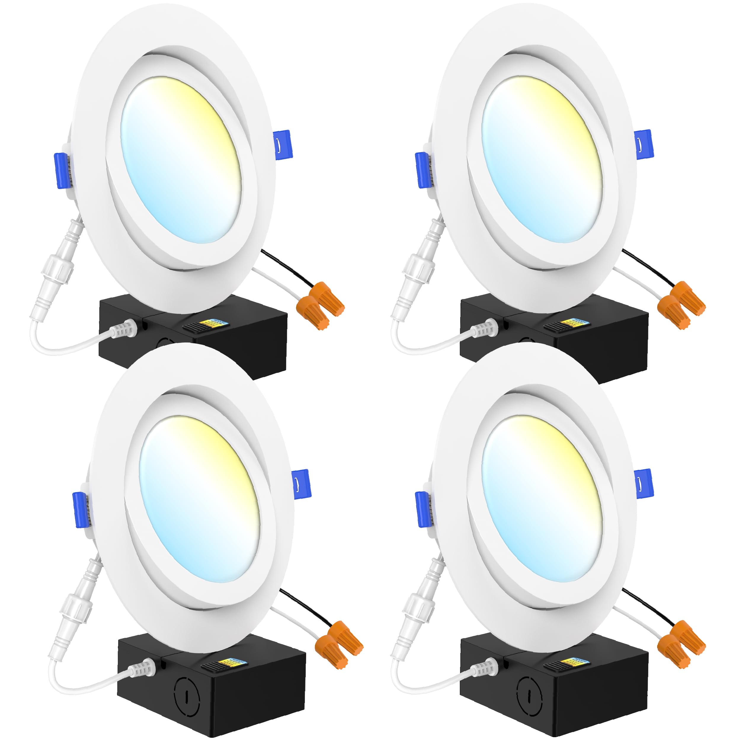 Sunco 4 Pack 6 Inch 5 Cct Gimbal Led Recessed Light Slim, 1350Lm High Brightness, 2700K/3000K/4000K/5000K/6000K Selectable, 12W, Angled Directional Canless Downlight With Jbox - Etl, Fcc.