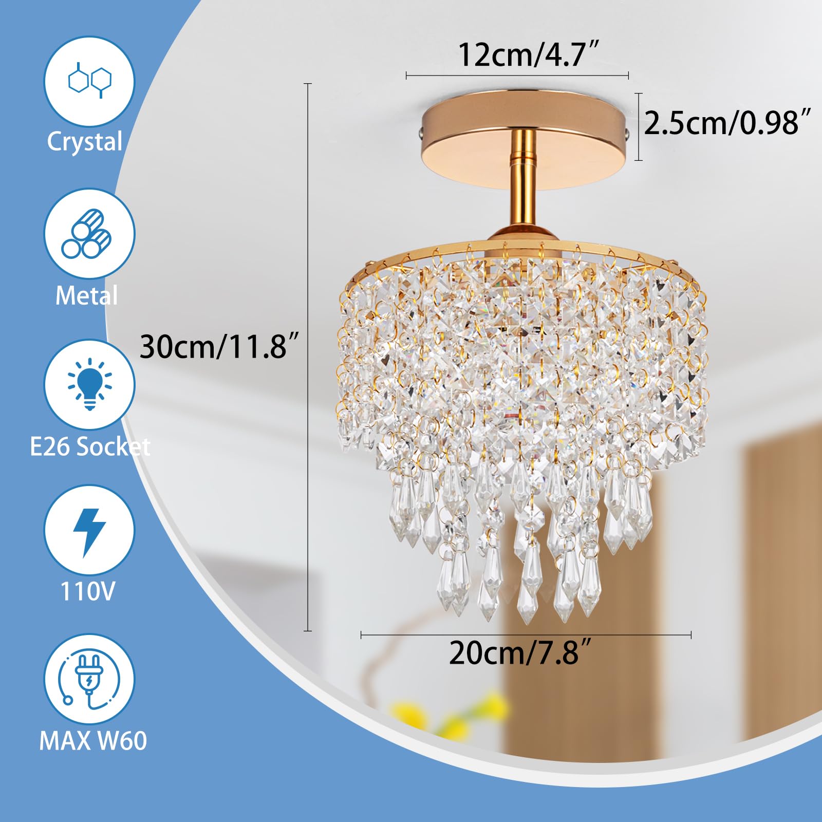 HongnuoFc Mini Crystal Chandelier, 3-Tier Raindrop Flush Mount Light, Gold Finish, Ideal for Bedroom, Kitchen, Bathroom, Model HN013