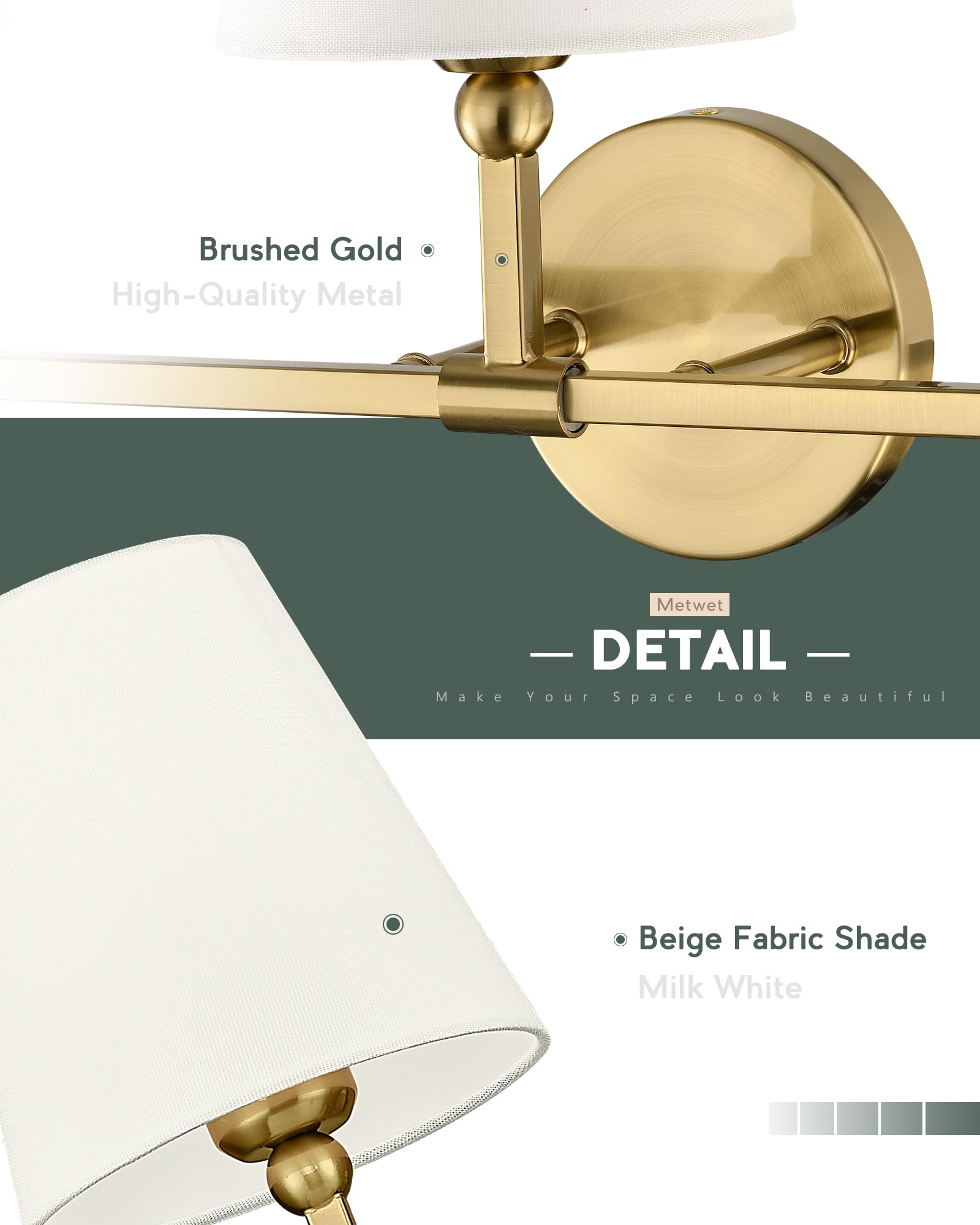METWET 3-Light Bathroom Light Fixtures, Brushed Gold Vanity Sconces with Beige Fabric Shade, Model VL837-BG-B-3
