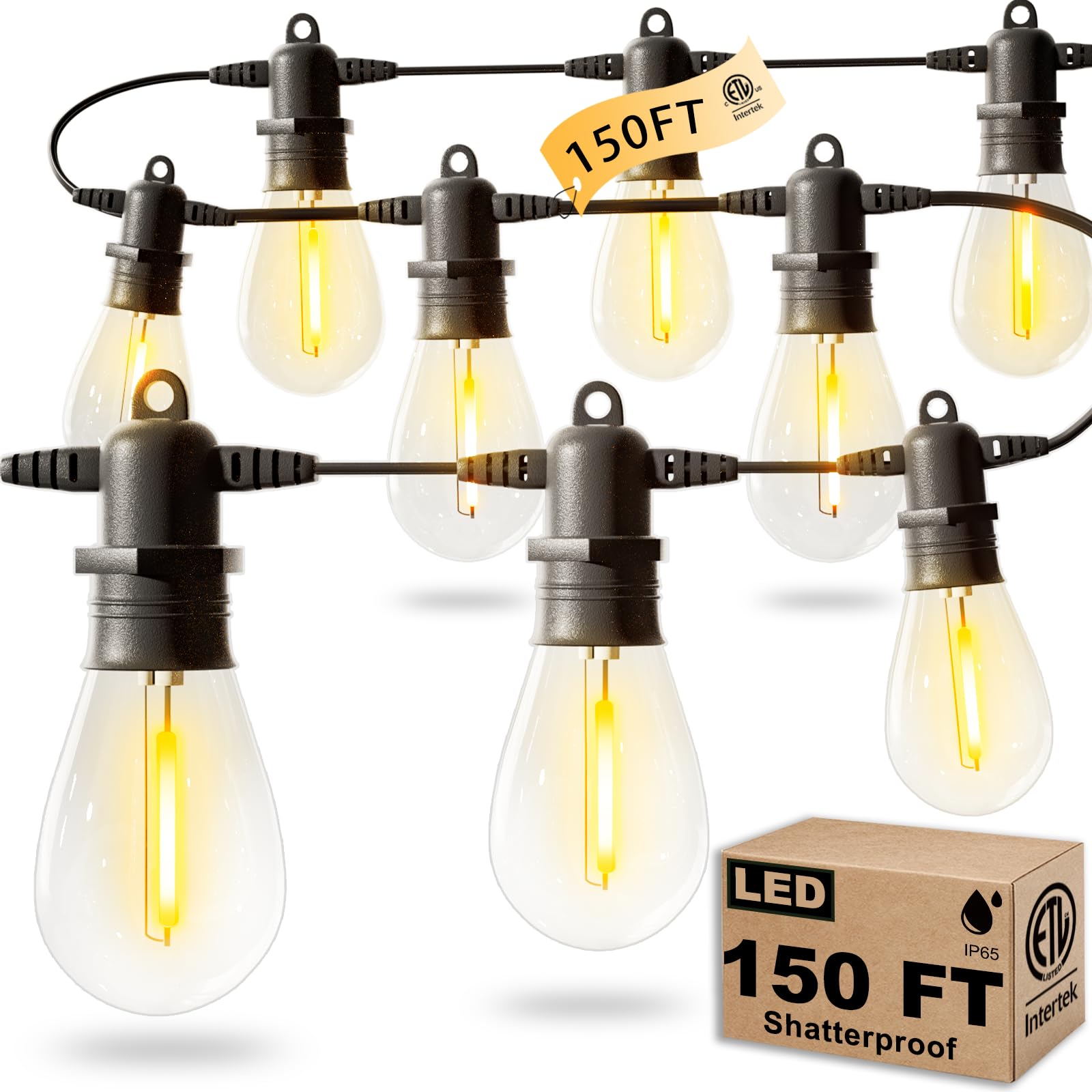 Jerritte LED Outdoor String Lights, 150FT, Warm White, 45 Shatterproof Bulbs, IP65 Waterproof, Model JR-S14-60, Dimmable Commercial Grade