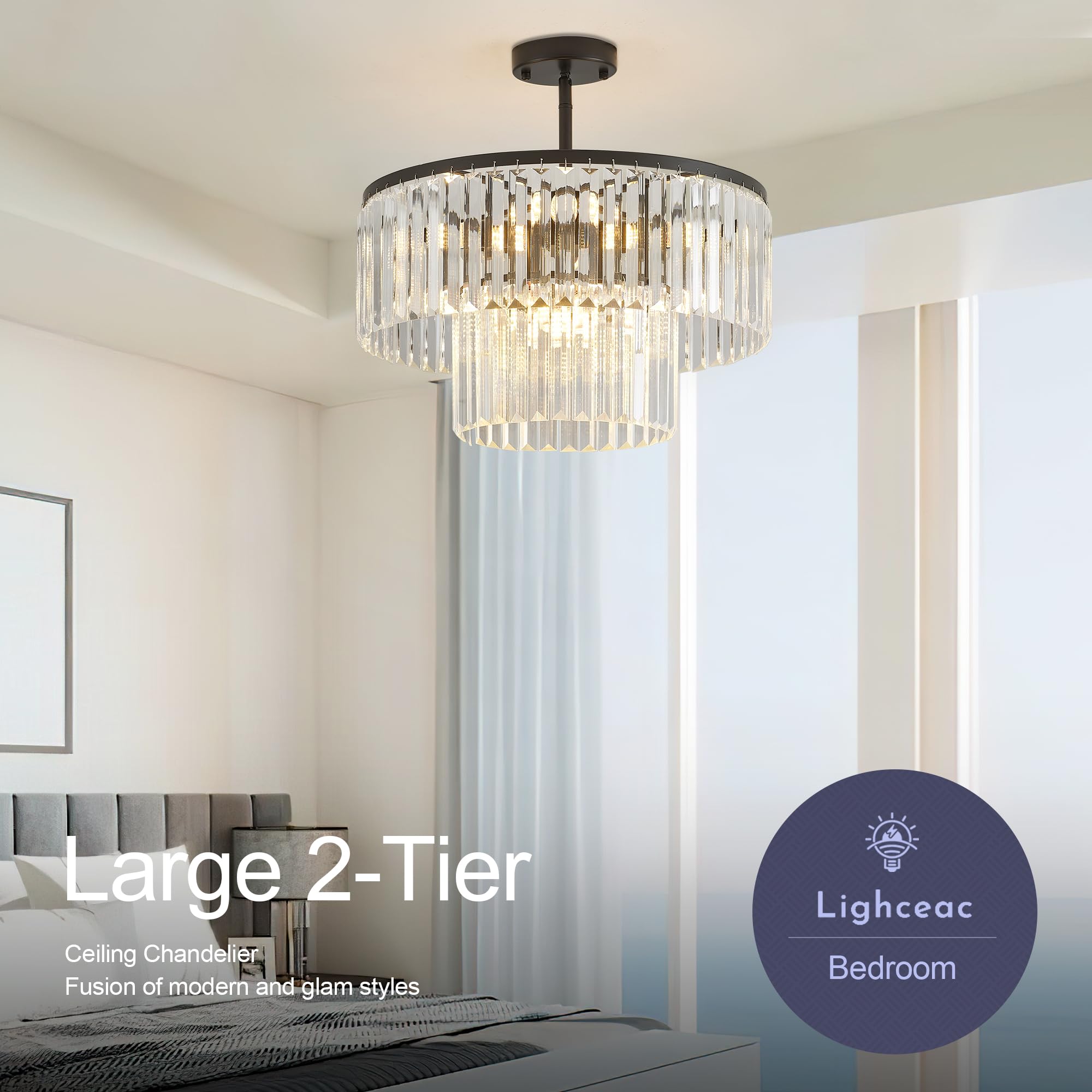 Lighceac 17.7 Black Semi Flush Mount 2-Tier Crystal Ceiling Light Fixtures For Dining Room Modern stylish 8-Light Chandeliers Lighting For Bedroom Entryway Hallway Kitchen Island Living Room Foyer