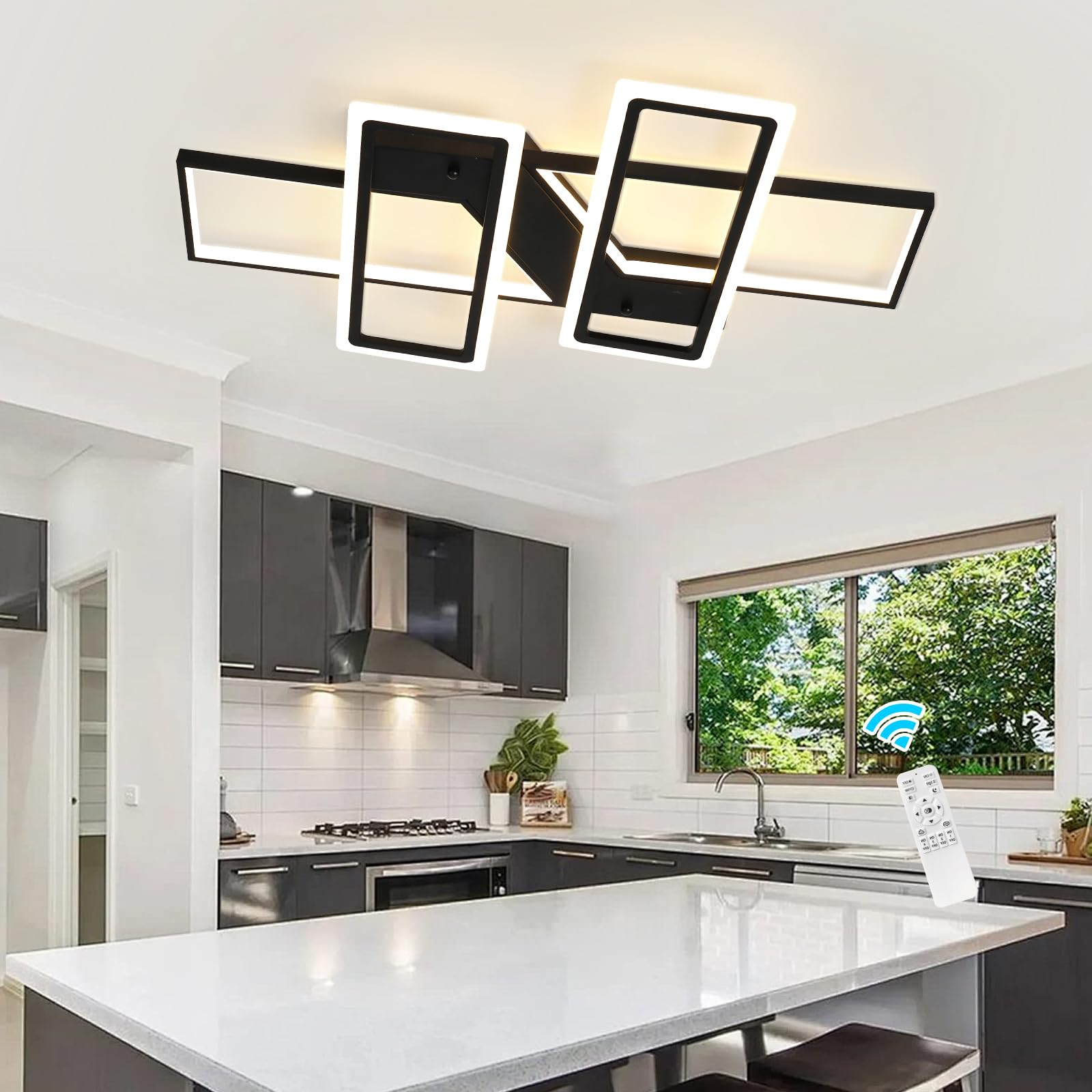 Jaycomey Modern LED Ceiling Light Black Flush Mount Ceiling Lights 80W Dimmable LED Chandelier with Remote Kitchen Light Fixture