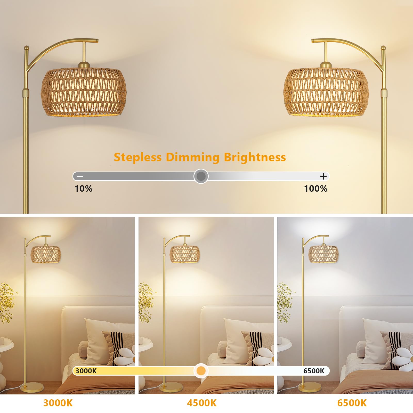 Eyassi Arc Floor Lamp With 3 Color Temperatures, Led Gold Floor Lamp With Remote & Stepless Dimmable Bulb, Boho Standing Lamp Wi