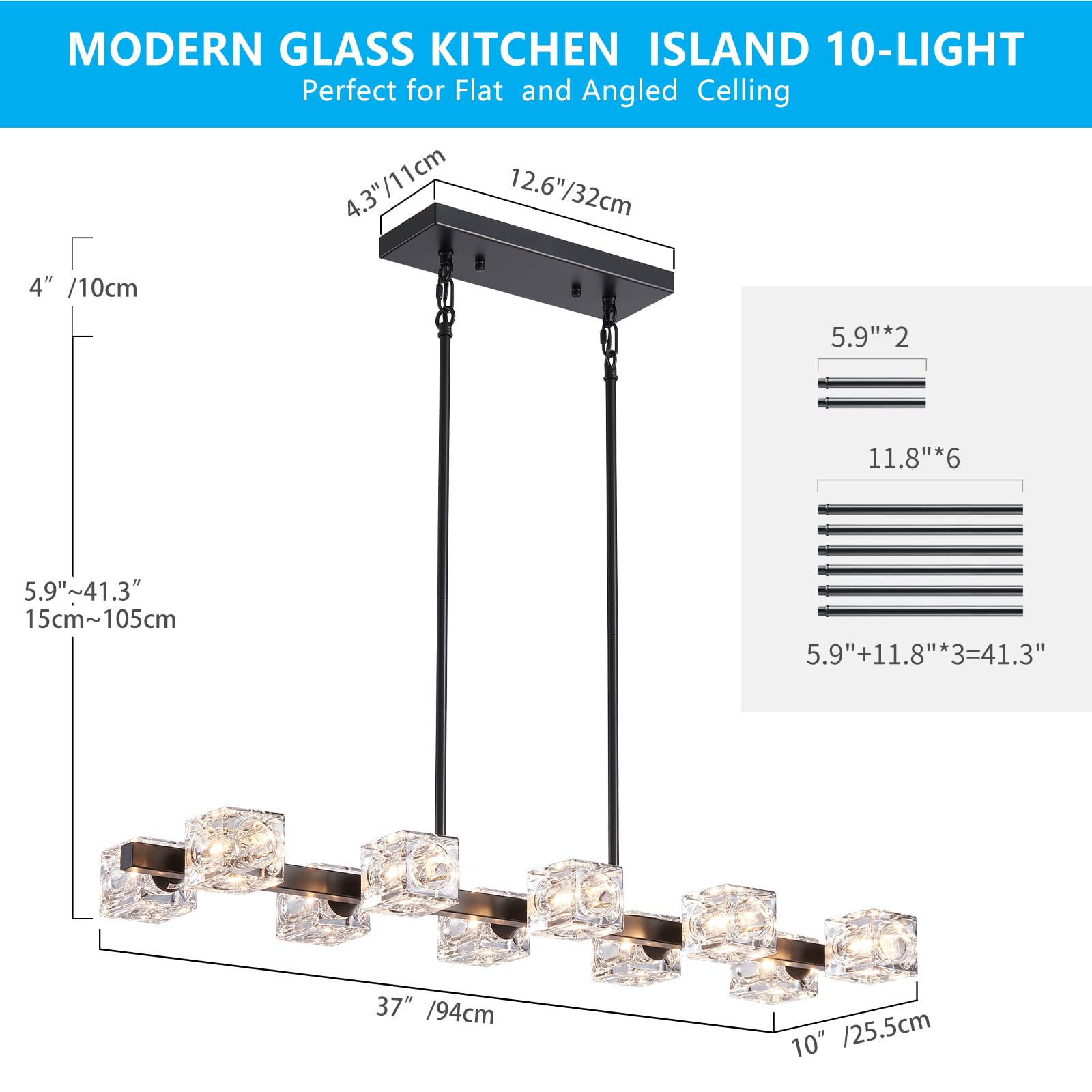Xingqi Kitchen Island Light Fixture Black Large Rectangular Chandeliers 10 Lights For Dining Room, Modern Chandelier With Glass