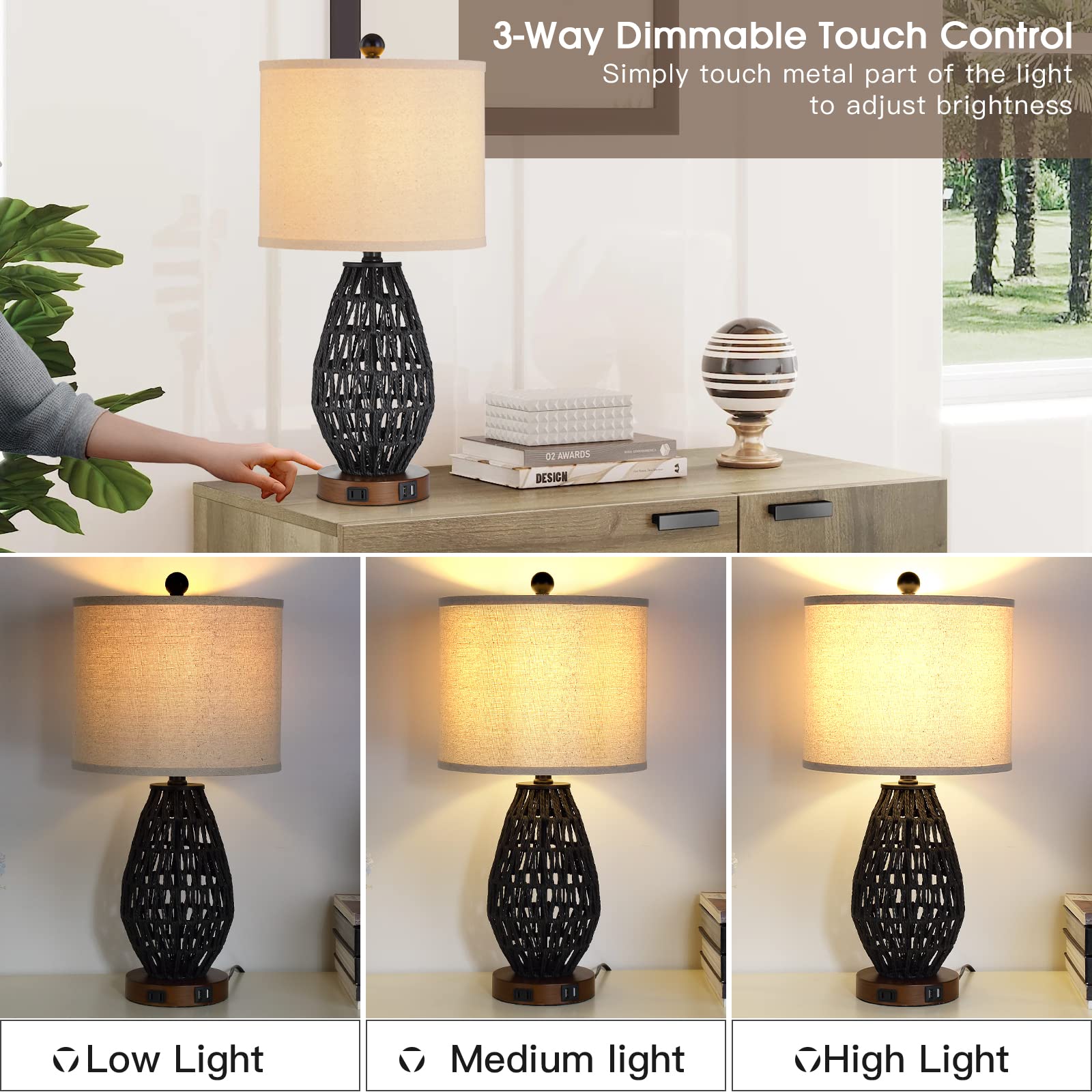 Cinsary Touch Control Rattan Table Lamps, 3 Way Dimmable Bedside Lamps For Bedroom Set Of 2 With 2 Usb Ports And Ac Outlet, Black Wicker Nightstand Lamps For Living Room (Led Bulbs Included)