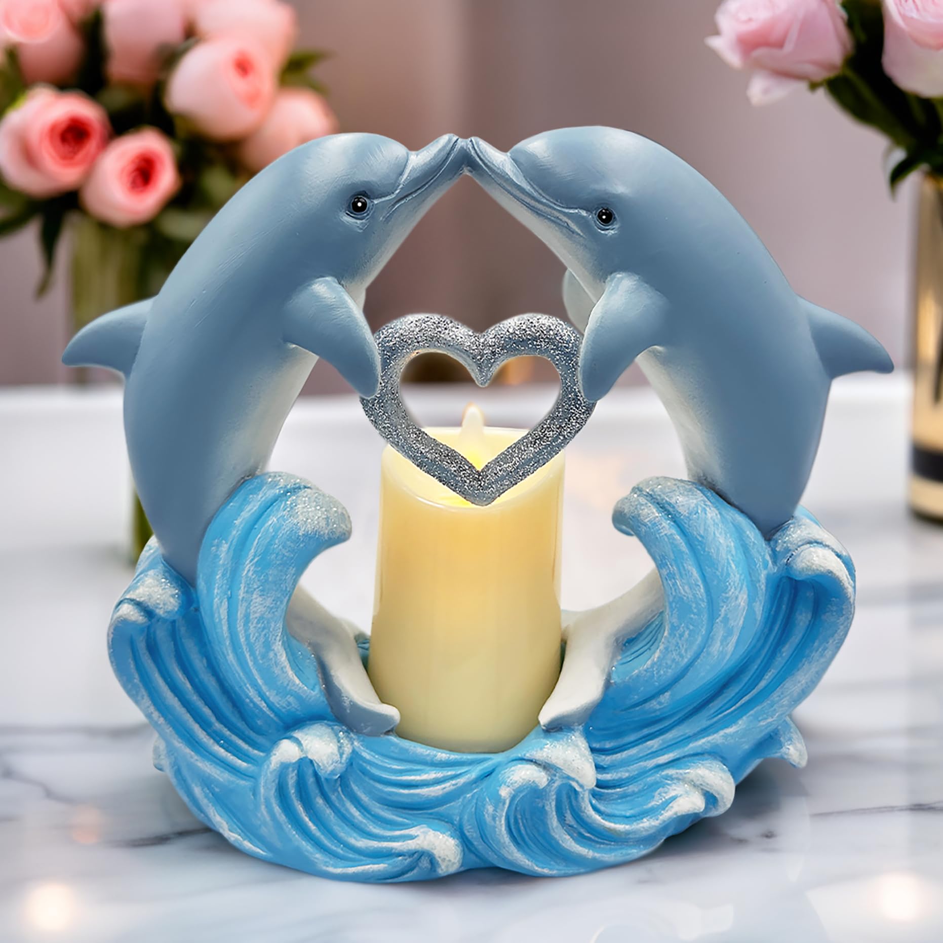 Love & Romance Candle - Valentines Day Gift  Soy Wax  Aromatherapy  Cozy & Decorative (Tides of Affection Dolphin Figurine and Tealight Candle)