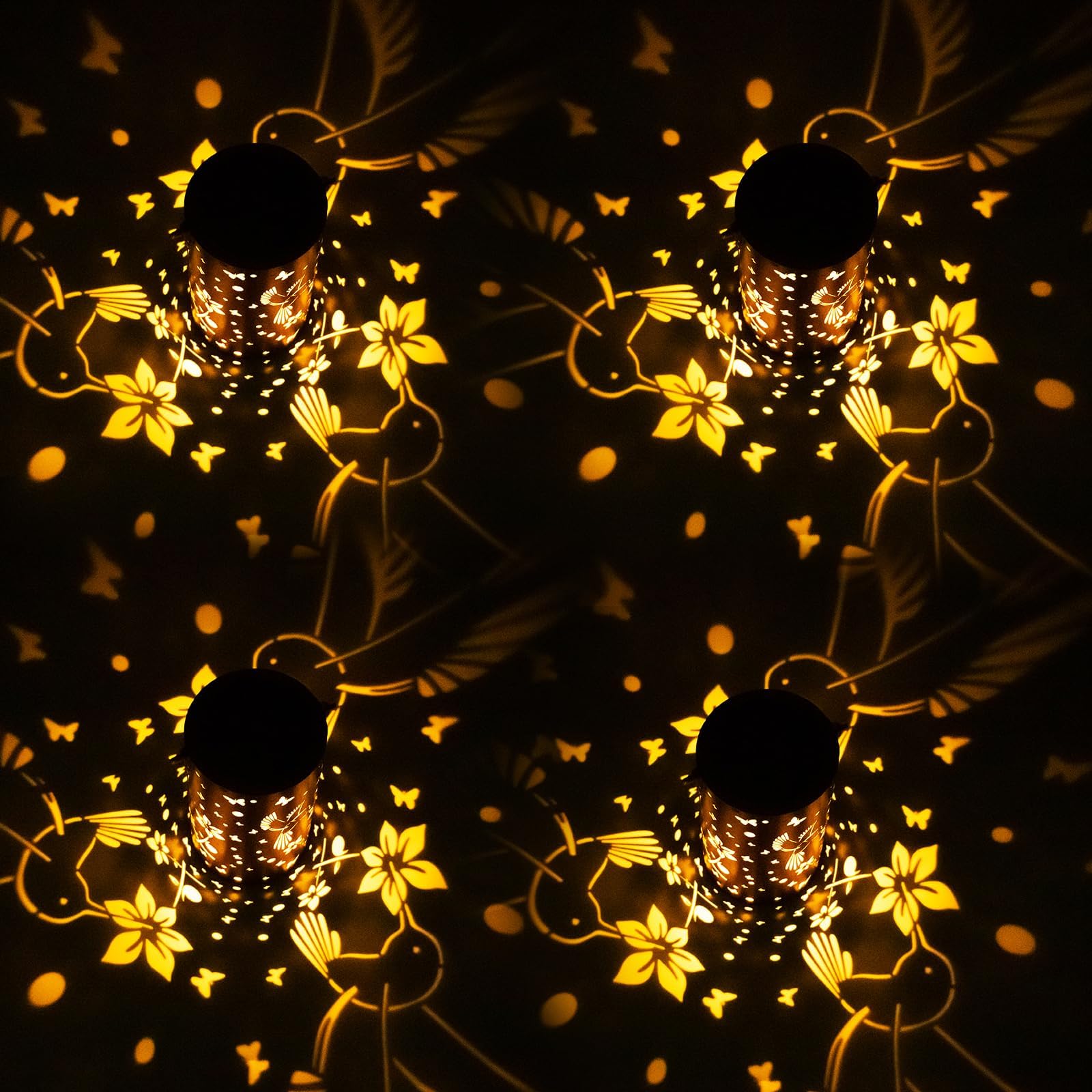 4 Packs Solar Lanterns Outdoor Hanging Lantern Lights, 4 Hummingbird Hollowed-Out Metal Decor Lantern, Waterproof LED Decorative