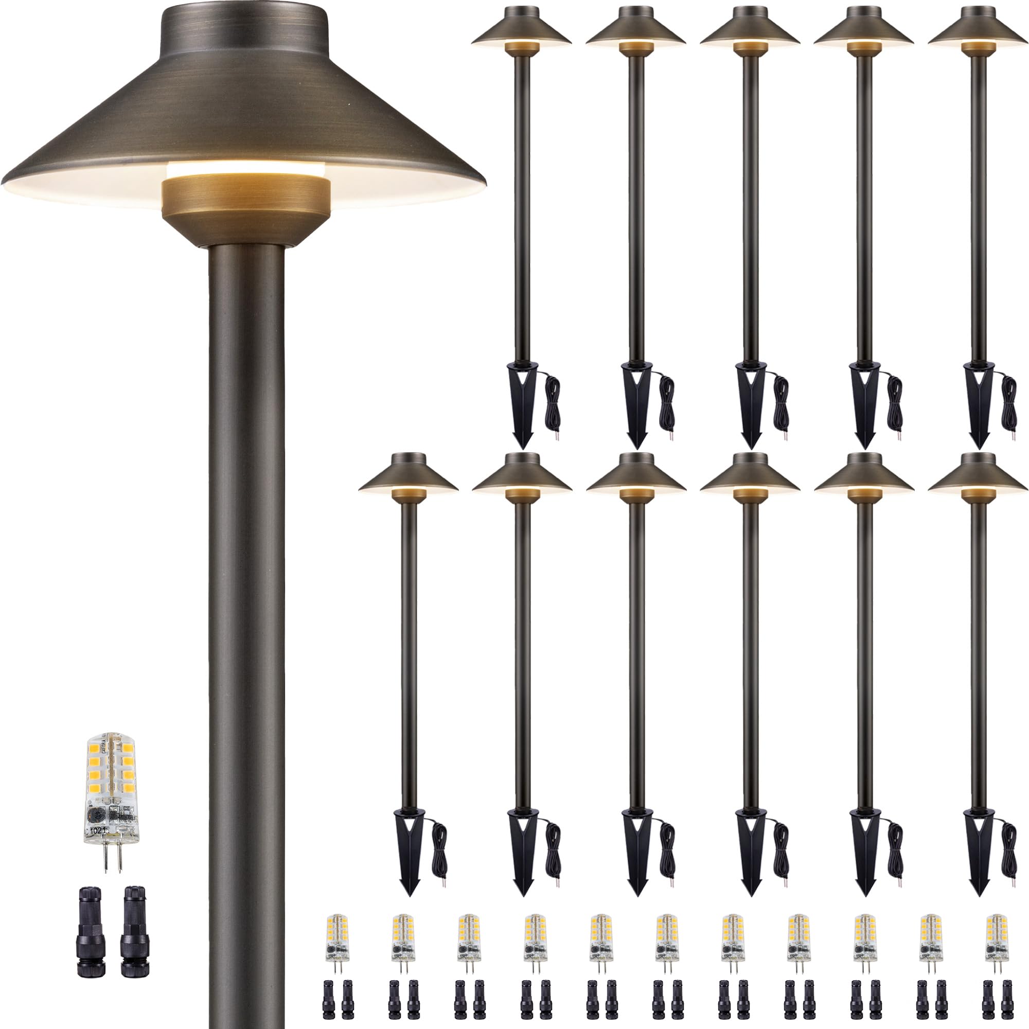 Gardenreet Solid Cast Brass Pathway Light - 12V Landscape Path Lights Outdoor Waterproof, Electric Walkway Fixture Wired, Antique Bronze Garden Decor With 3W 270Lm 5000K Daylight G4 Bulb (12 Pack)