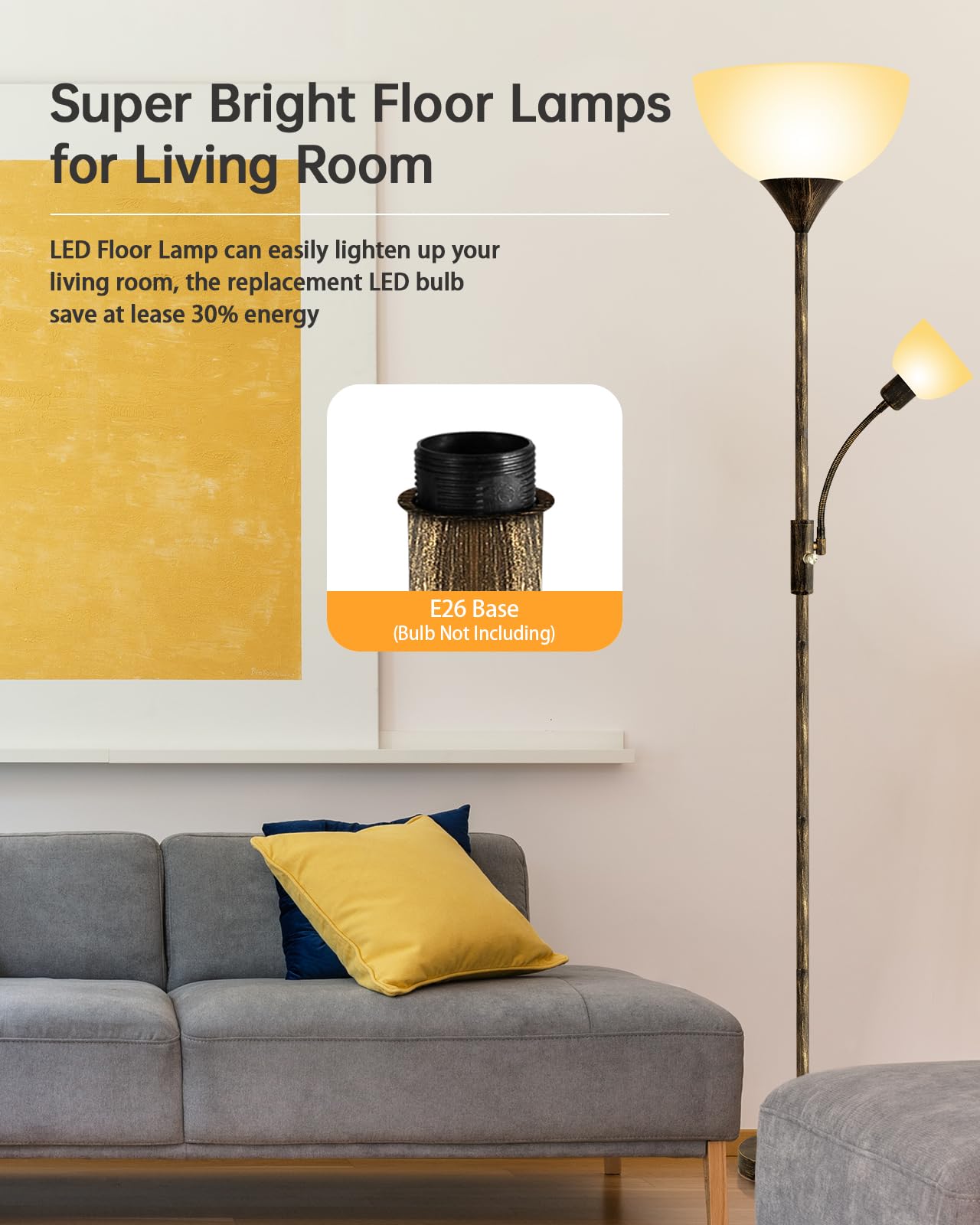 Boostarea Floor Lamps For Living Room, Standing Lamp, 71'' Torchiere Floor Lamp With Reading Lamp, 3 Way Switch, Corner Floor La