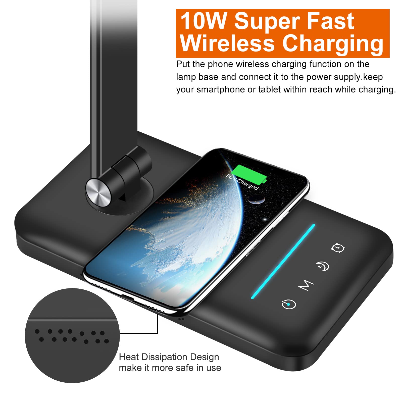 AFROG 8-in-1 LED Desk Lamp, 10W Wireless Charger, USB Port, 1200Lux, 5 Modes, Black Pro 3.0, Model EK009A