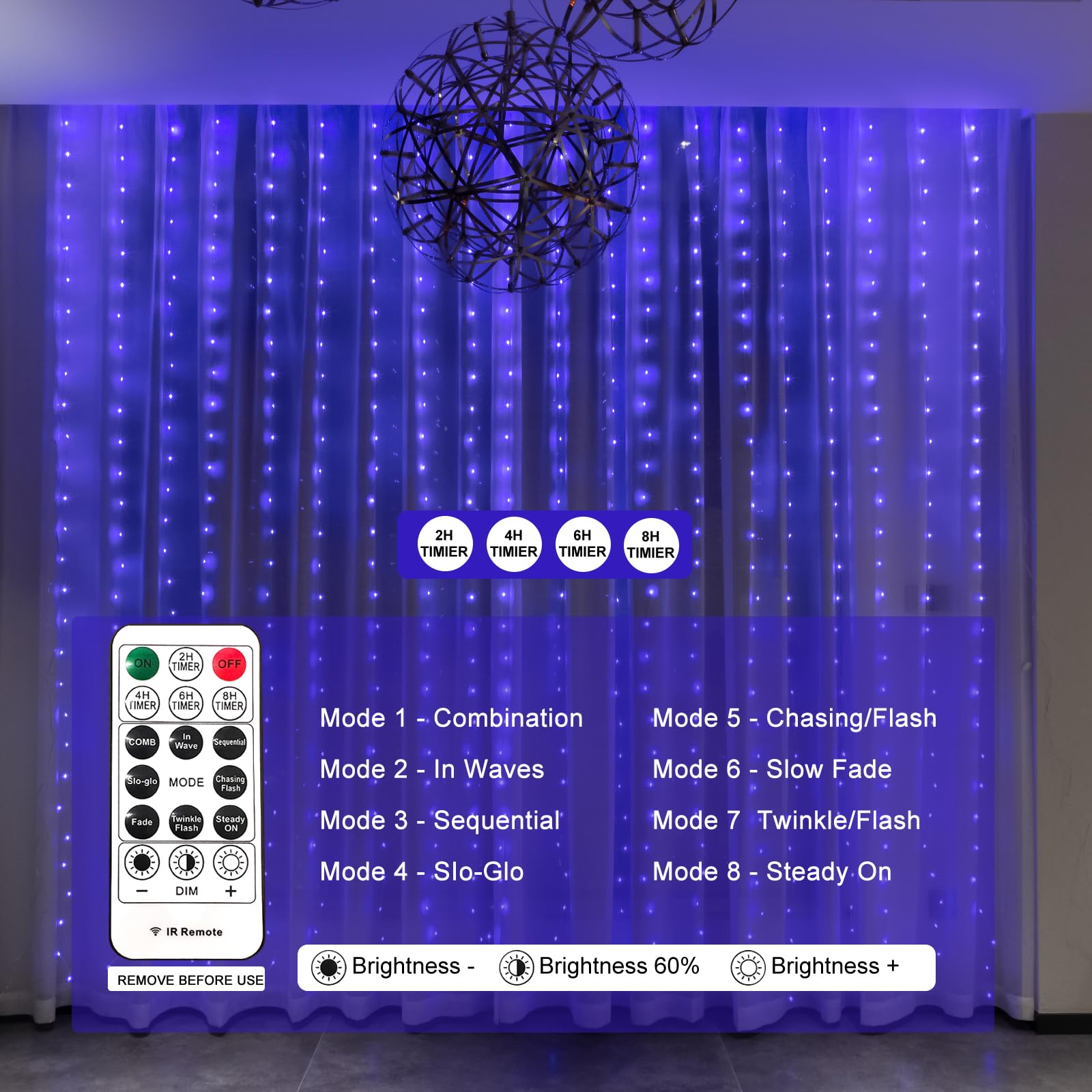 Sinamer Blue Pixie Curtain Light, 9.8Ft X 9.8Ft Untangled Copper Wire String Lights, Usb Powered Hanging Window Fairy Lights, 8 Lighting Modes, Remote Control For Home Christmas Wedding Party