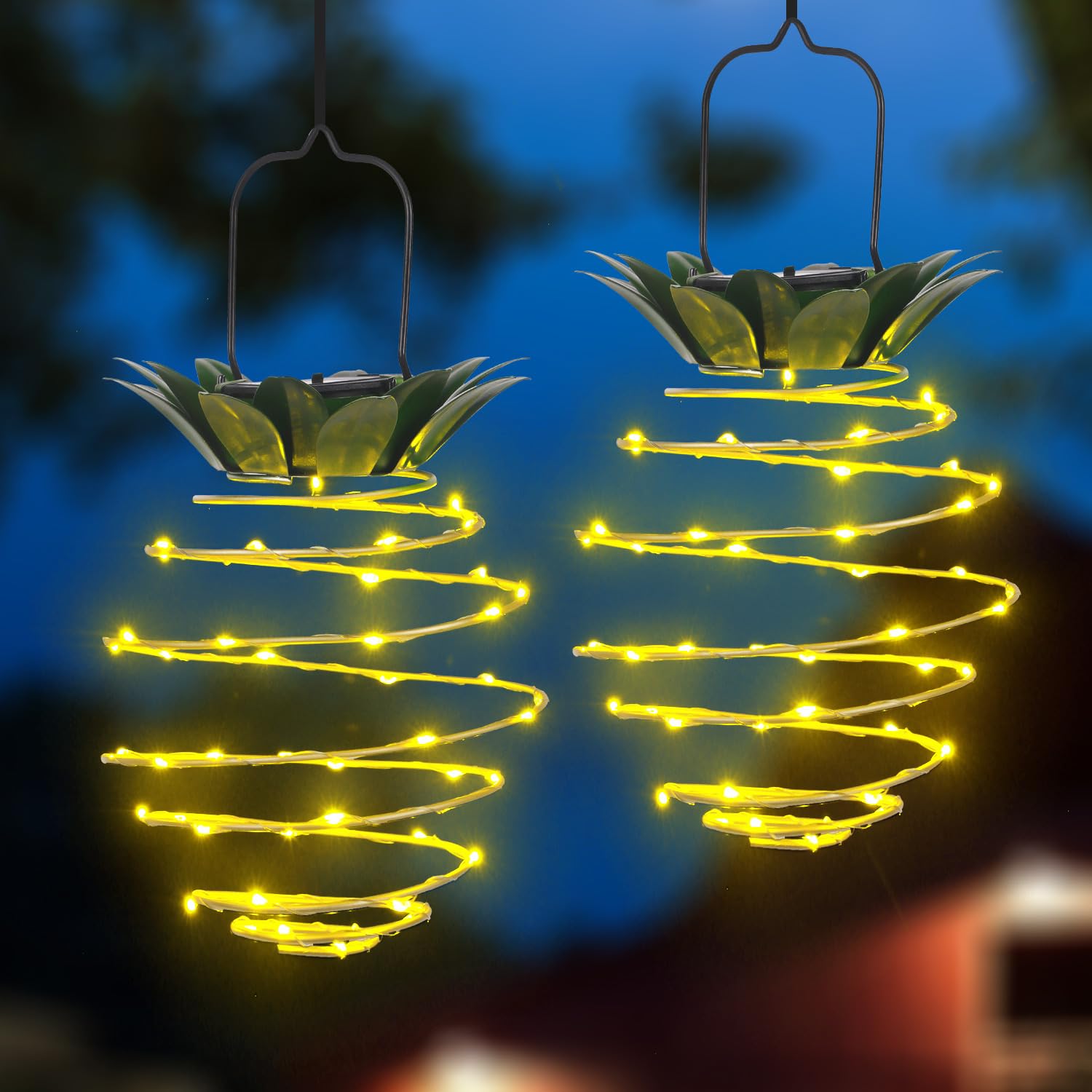 2 Pack Waterproof Solar Lanterns Outdoor, 60LED Hanging Lights with Pineapple Pattern, Solar Garden Lights Outdoor for Patio Yar