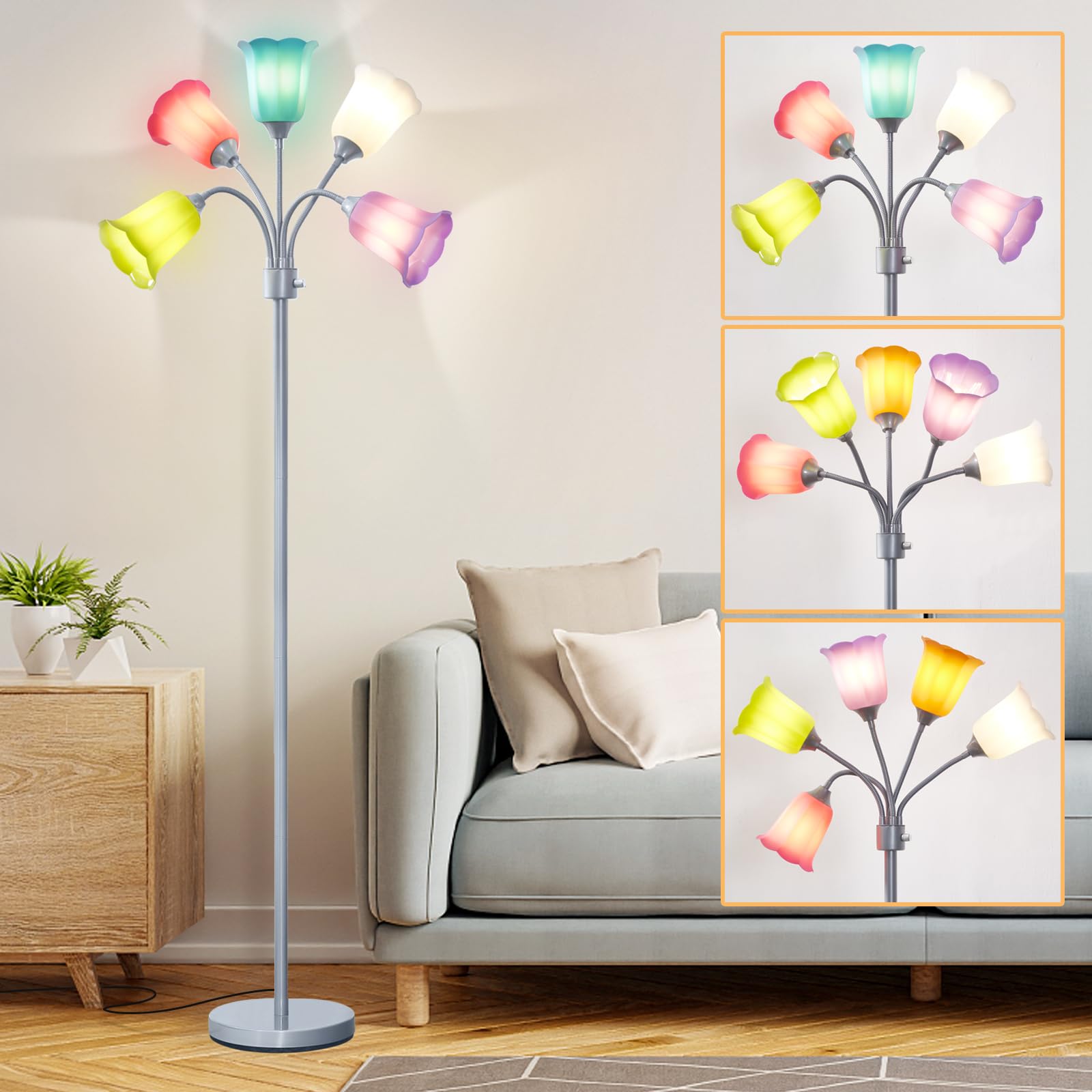 GyroVu LED Floor Lamp, Multi-Head Adjustable Gooseneck, Silver with 6 Color Shades, Modern Design for Living Room, Bedroom, Office