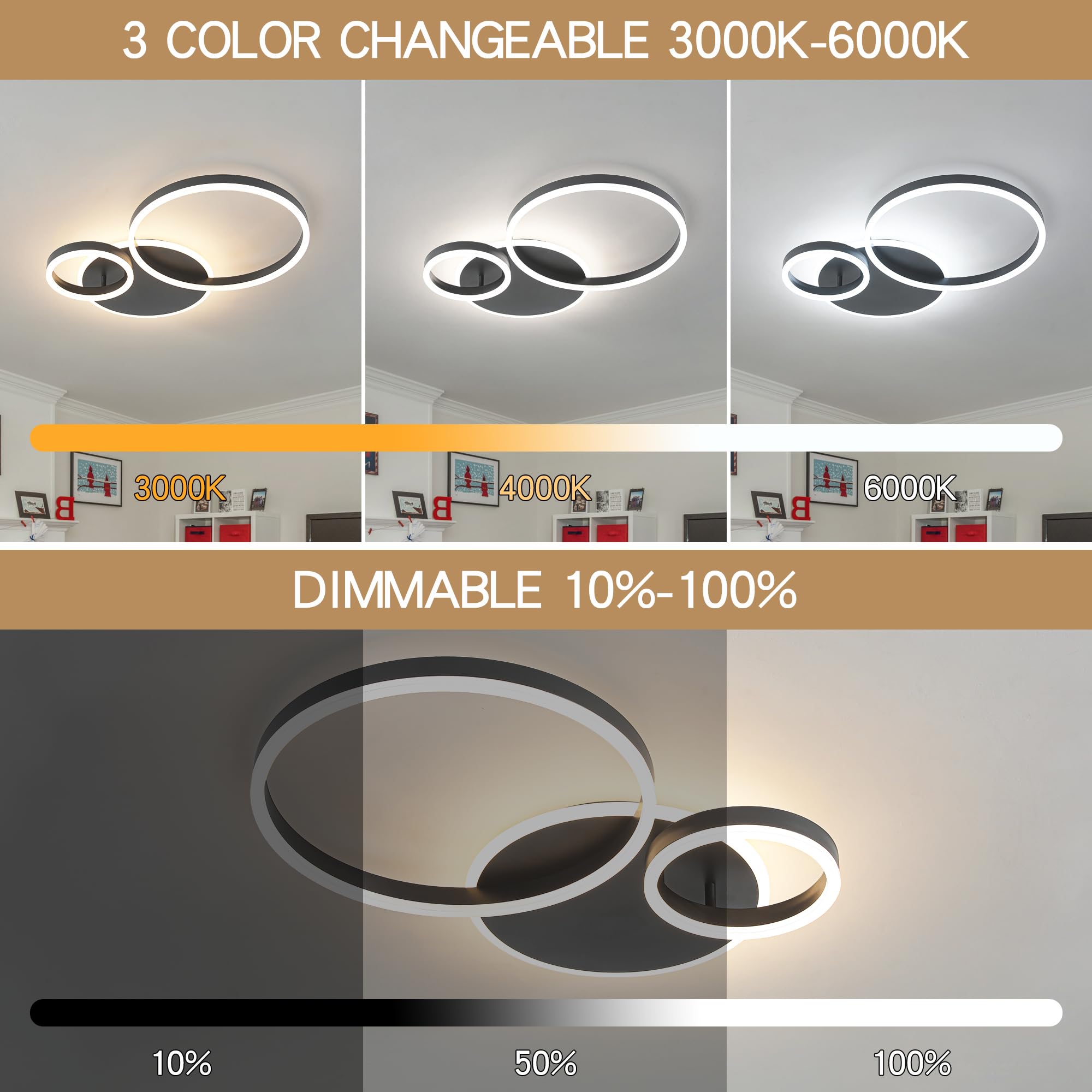 ONEELDY Modern LED Flush Mount Ceiling Light, Dimmable 48W, Adjustable 3000K-6000K, Black Acrylic Fixture for Home