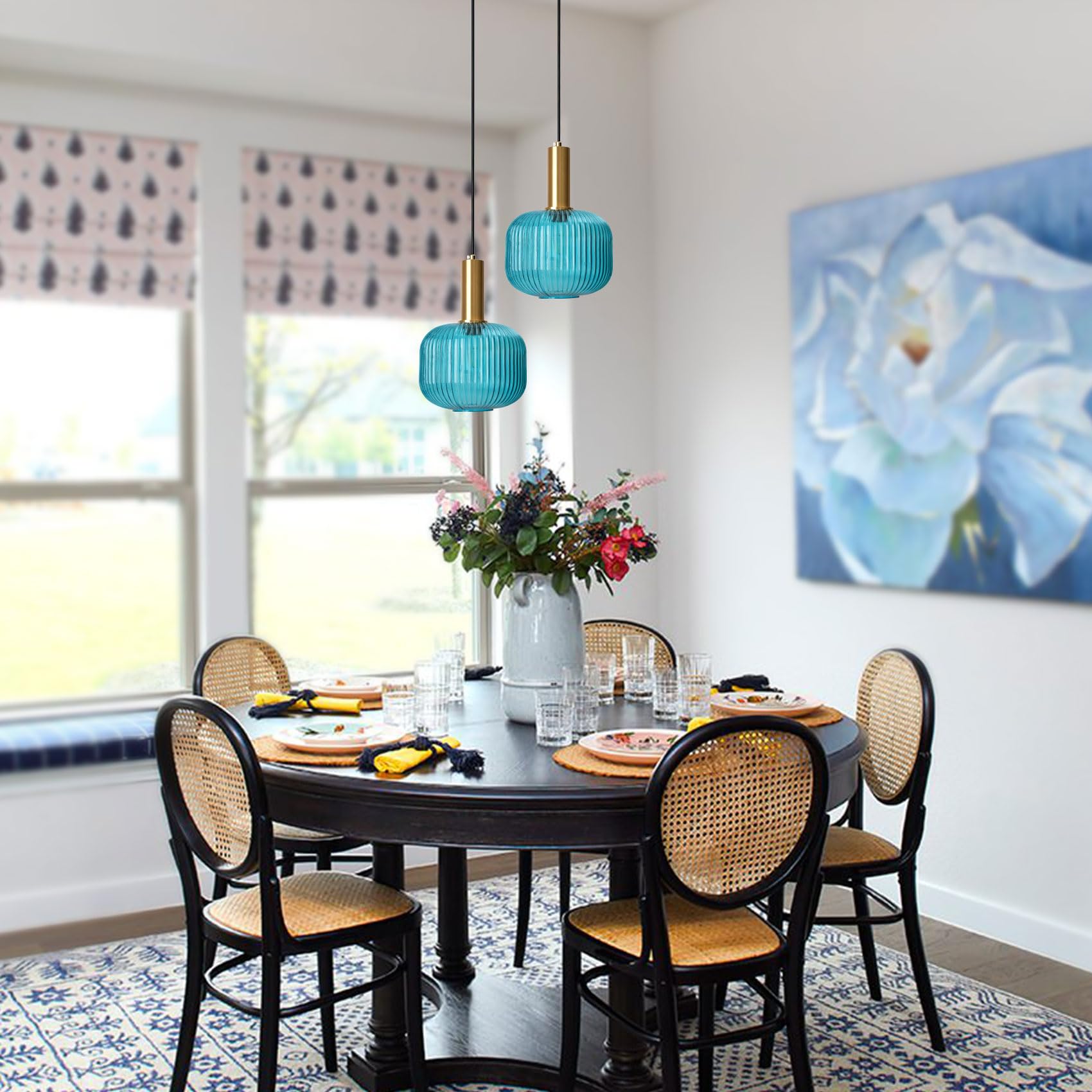 Pobllem Plug In Glass Pendant Light Blue Chandelier Ceiling Light Fixtures With Classic Striped Lantern Design, Mid Century Mode