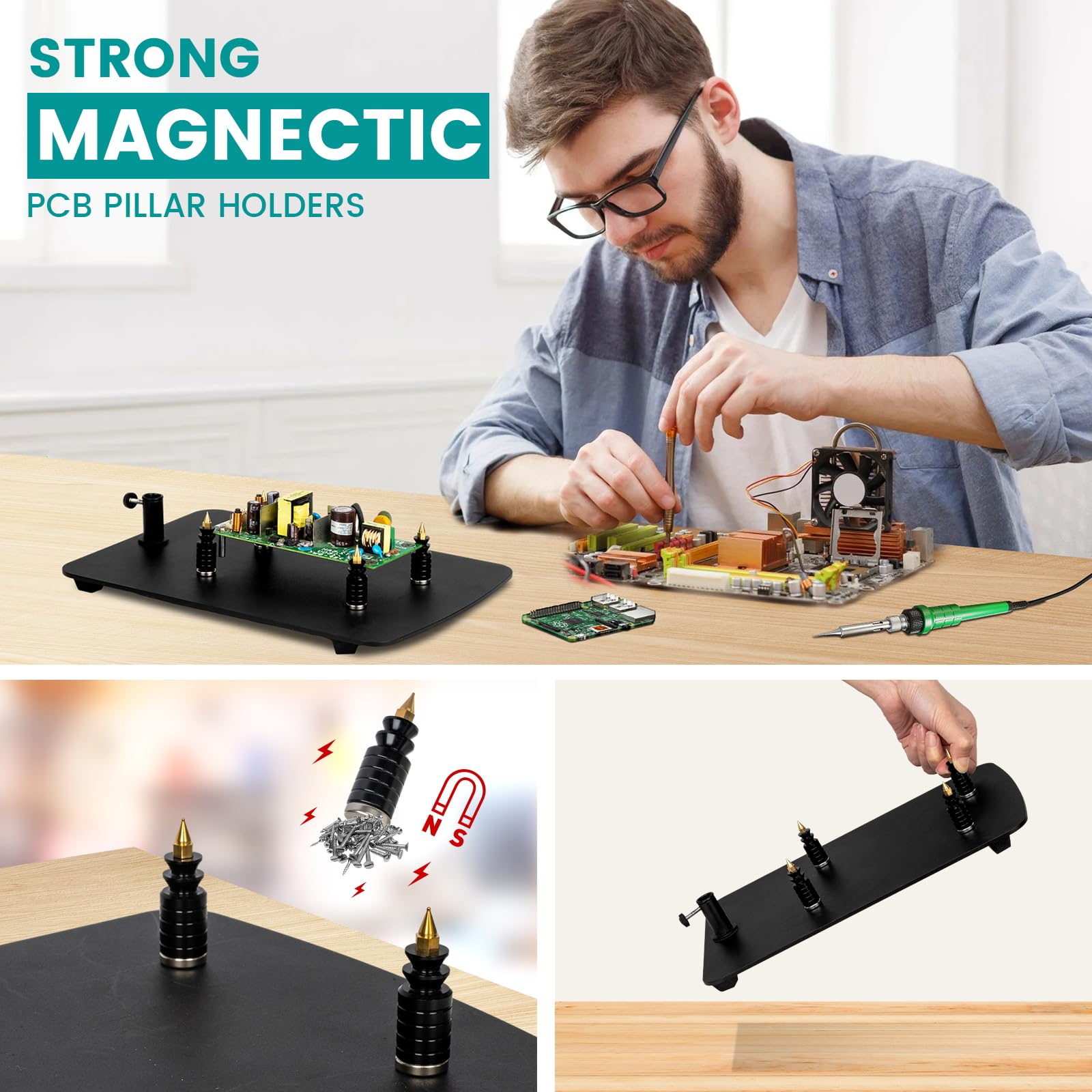 Kuvrs 10X Magnifying Glass With Light And Stand, 2,200 Lumens 3 Color Stepless Dimming Lighted Magnifier Light, 4 Pcb Pillars & Soldering Helping Hands Magnifying Lamp For Craft Electronic Project