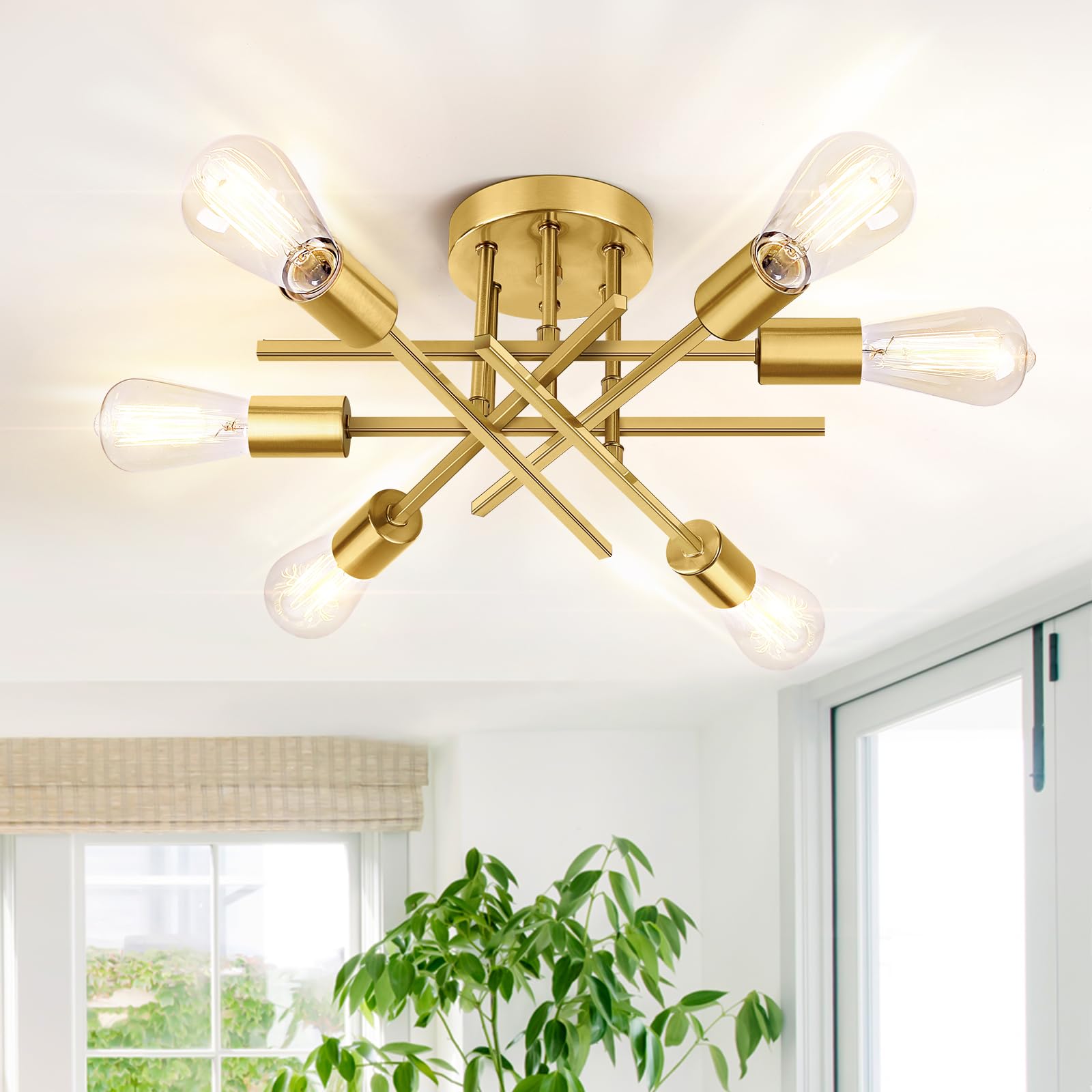 TOBUSA 6-Light Gold Semi Flush Mount Ceiling Light Fixture, Modern Industrial Brushed Golden Sputnik Ceiling Light, E26 Close to