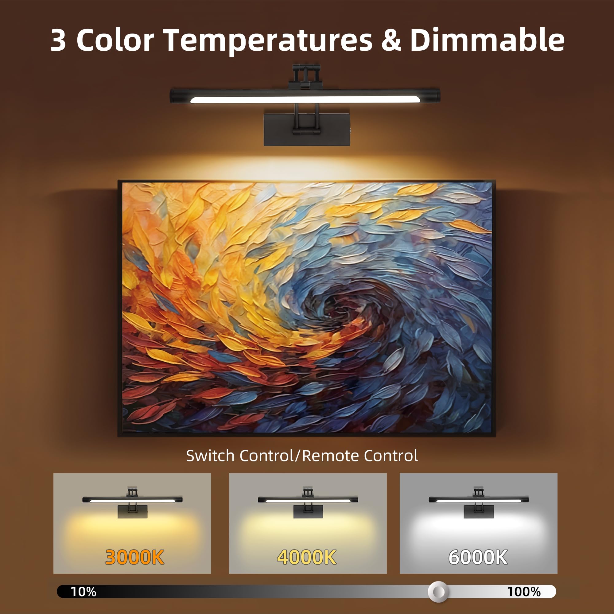 16 Picture Lights For Wall Battery Operated  Wireless Picture Light With Remote  Rechargeable Wall Light 3000K/4000K/6000K Dimmable  Art Lighting For discomfort-reducingtings Frame Gallery Dartboard Light  Black
