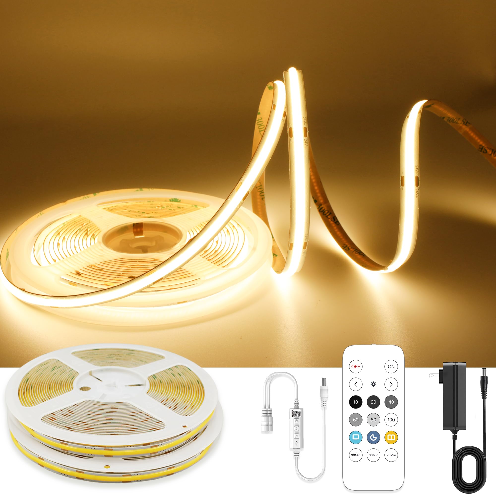AXMOTUT 32.8ft COB LED Strip Light Warm White, High Bright LED Strips with 320LEDs, RF Remote and UL Power Supply, 3000K Dimmabl