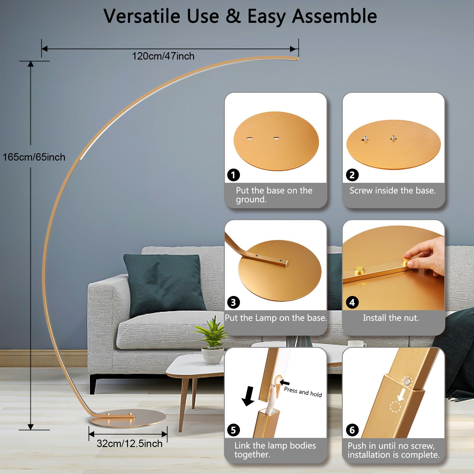 Nu?R Arc Floor Lamp, 67'' Tall Gold Led Modern Standing Floor Lamp With Remote Control, Arched Bright Floor Lamps For Living Roo