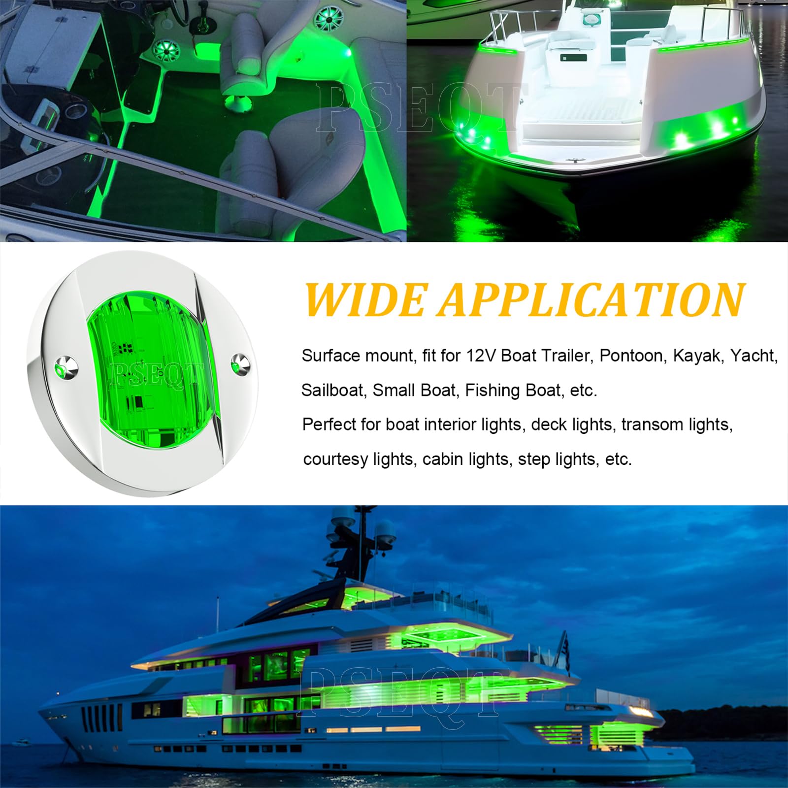 PSEQT 4Pcs Marine Boat Interior Lights Green LED Waterproof 12V Round Surface Mount w/ Green Lens, Model PSEQTSEGG4P