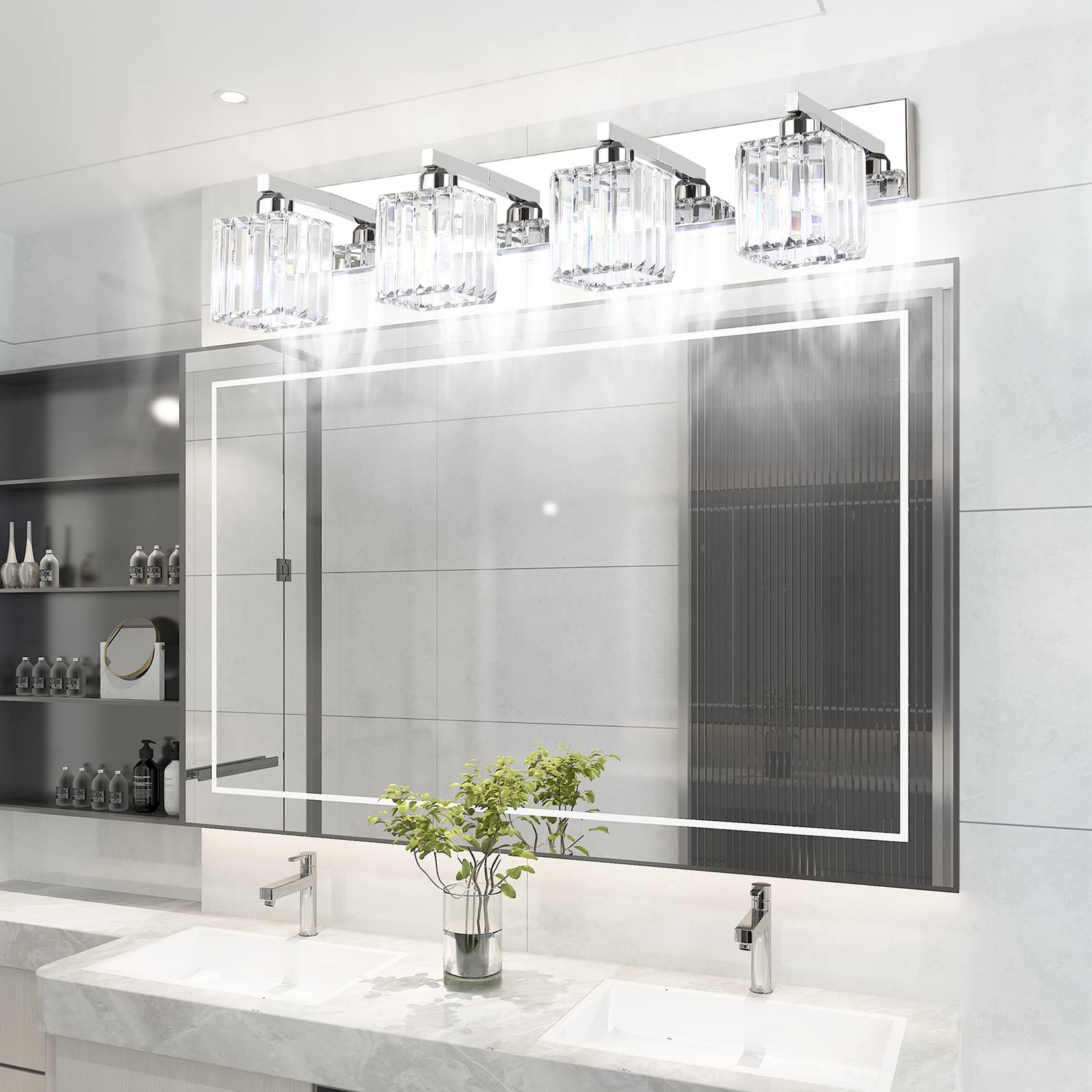 Aipsun Bathroom Light Fixtures Crystal Modern Vanity Lighting Fixtures 4 Light Chrome Bathroom Vanity Light (Exclude Bulb)