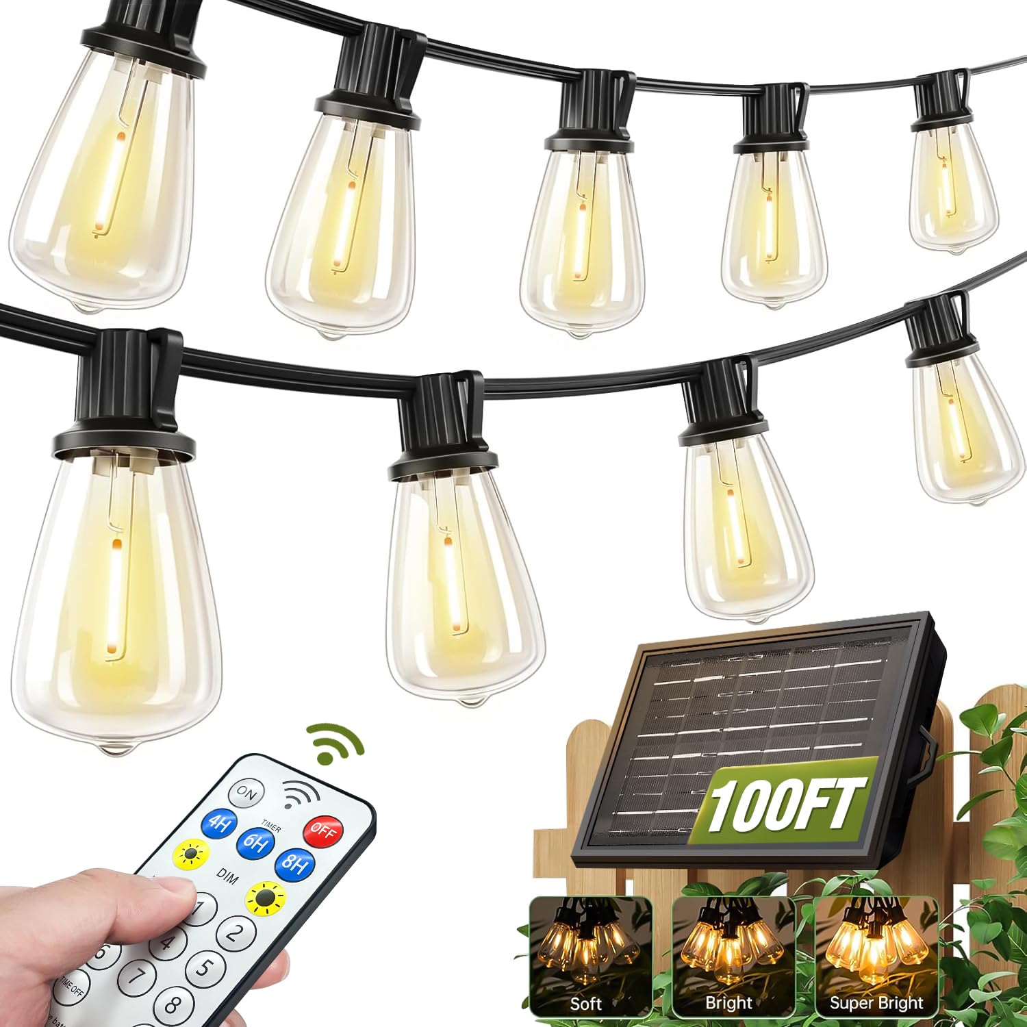 Skoiuc 100FT Solar String Lights Outdoor Waterproof with Remote & Timer, LED Shatterproof ST38 Bulbs, USB & Solar Powered Patio 
