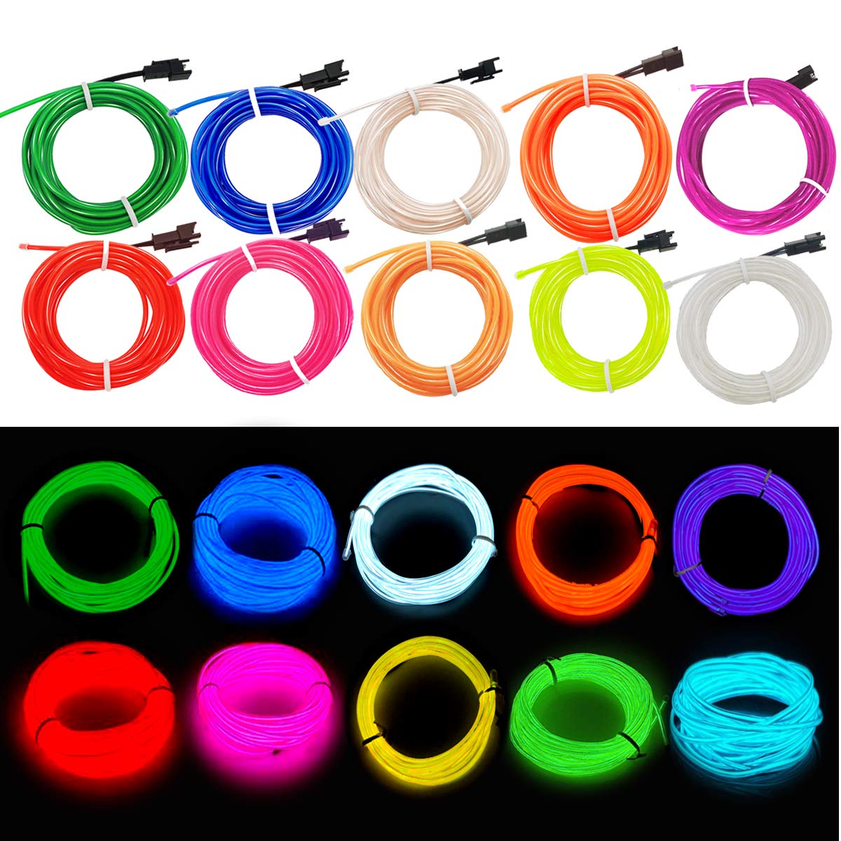MaxLax EL Wire 10 Pack, 16.4ft Neon Light Wire, Multicolor, Plastic, Model CXD el wire 001