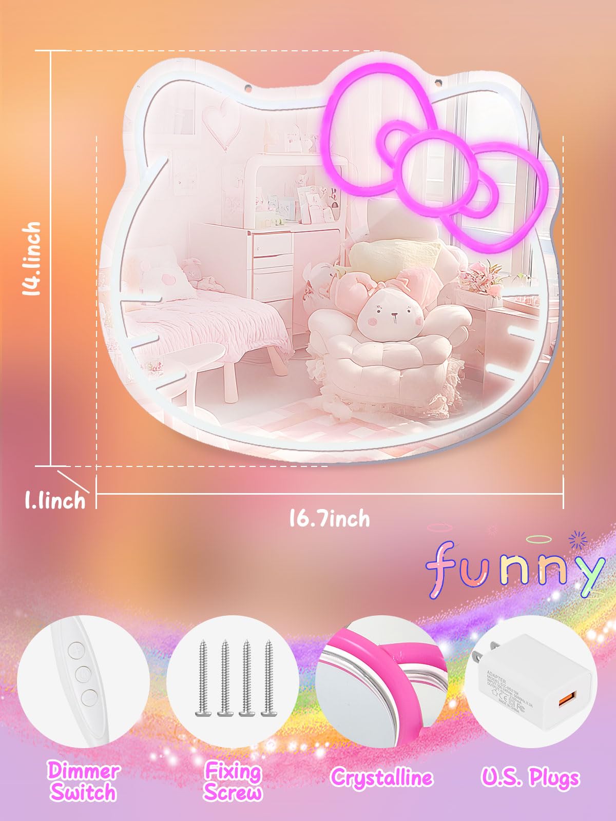 LUXUOSA Anime Mirror Vanity - Neon LED Wall Mirror with Remote, 13inL x 13inW, White, Perfect for Bedroom Decor and Gifts