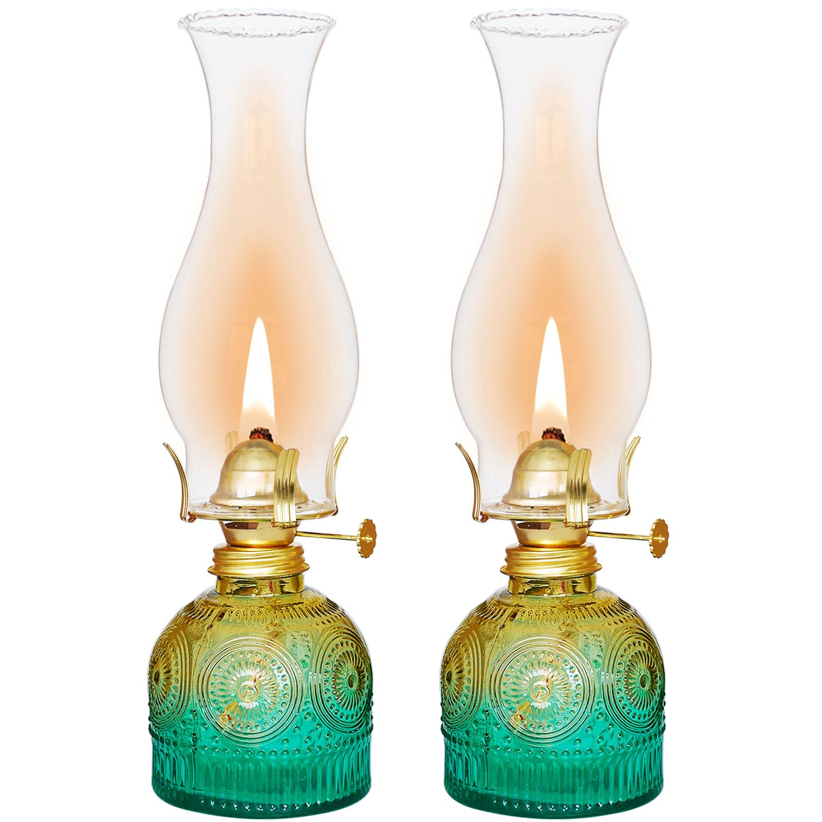 GXFCCYXT 2 Pieces Oil Lamps for Indoor Use Gradient Green Vintage Glass Clear Kerosene Lamp Indoor Decorative Hurricane Lamp Oil