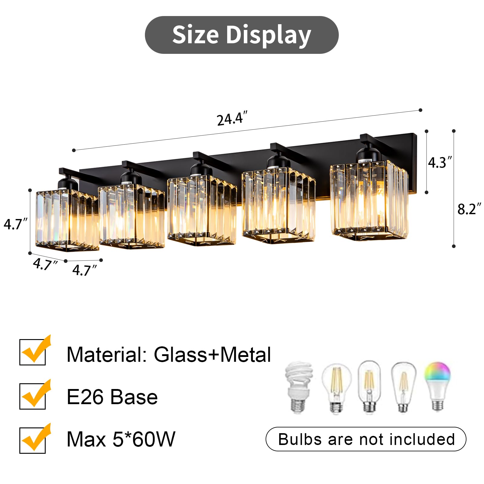 Aixialin 5-Light Black Crystal Bathroom Vanity Light Fixtures, Modern Metal Wall Lighting Over Mirror, Model 600-100-1014