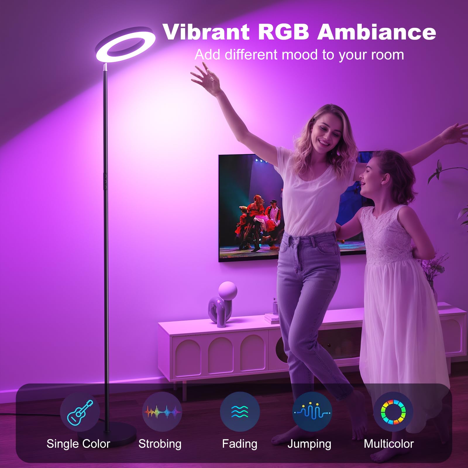 FULSUNT 32W RGB Floor Lamp - Modern Color Changing Torchiere, Remote Control, Dimmable, Black (Single-Sided), Model FLC-032-F2