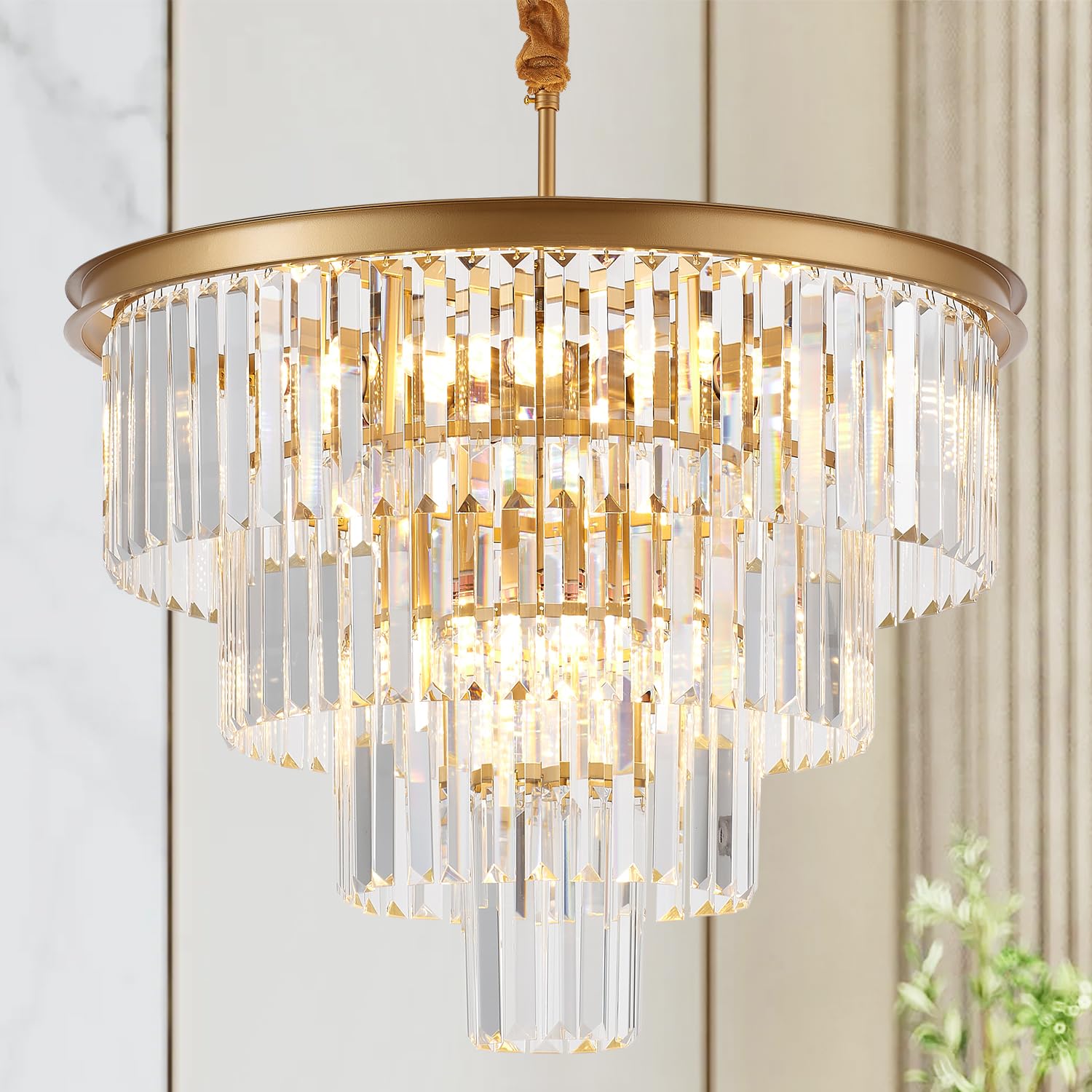 brfaixla 4-Tiers 23.6 Gold Crystal Chandelier Modern 12-Light Contemporary Crystal Pendant Chandeliers Light Fixture Hanging Lighting for Dinning Room Entryway Bedroom Foyer High Ceiling