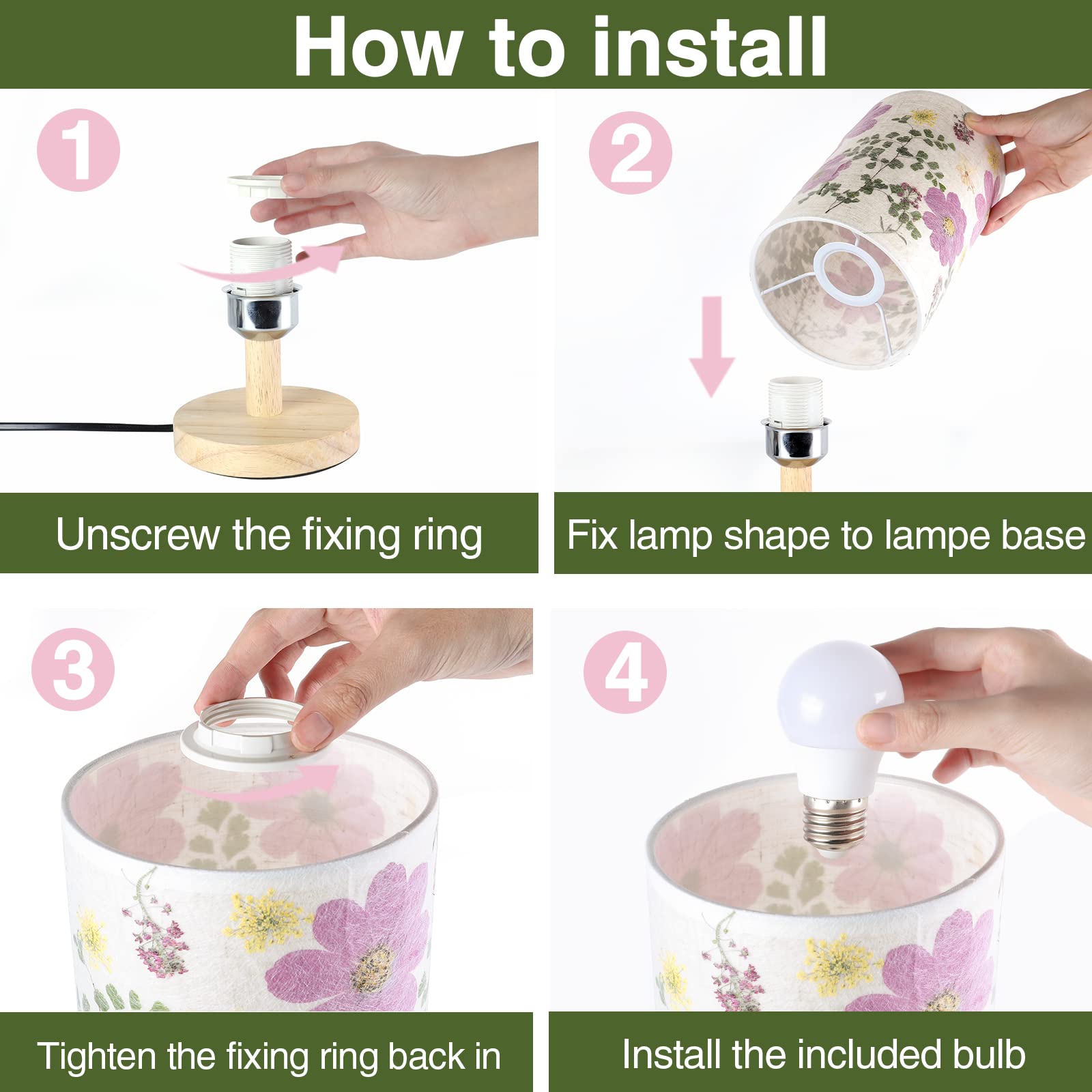 Floresita Dried Flowers Table Lamp 9W Led Dimmable Warm Light Pressed Flower Bedside Lamp Linen Shade With Wood Base For Bedroom